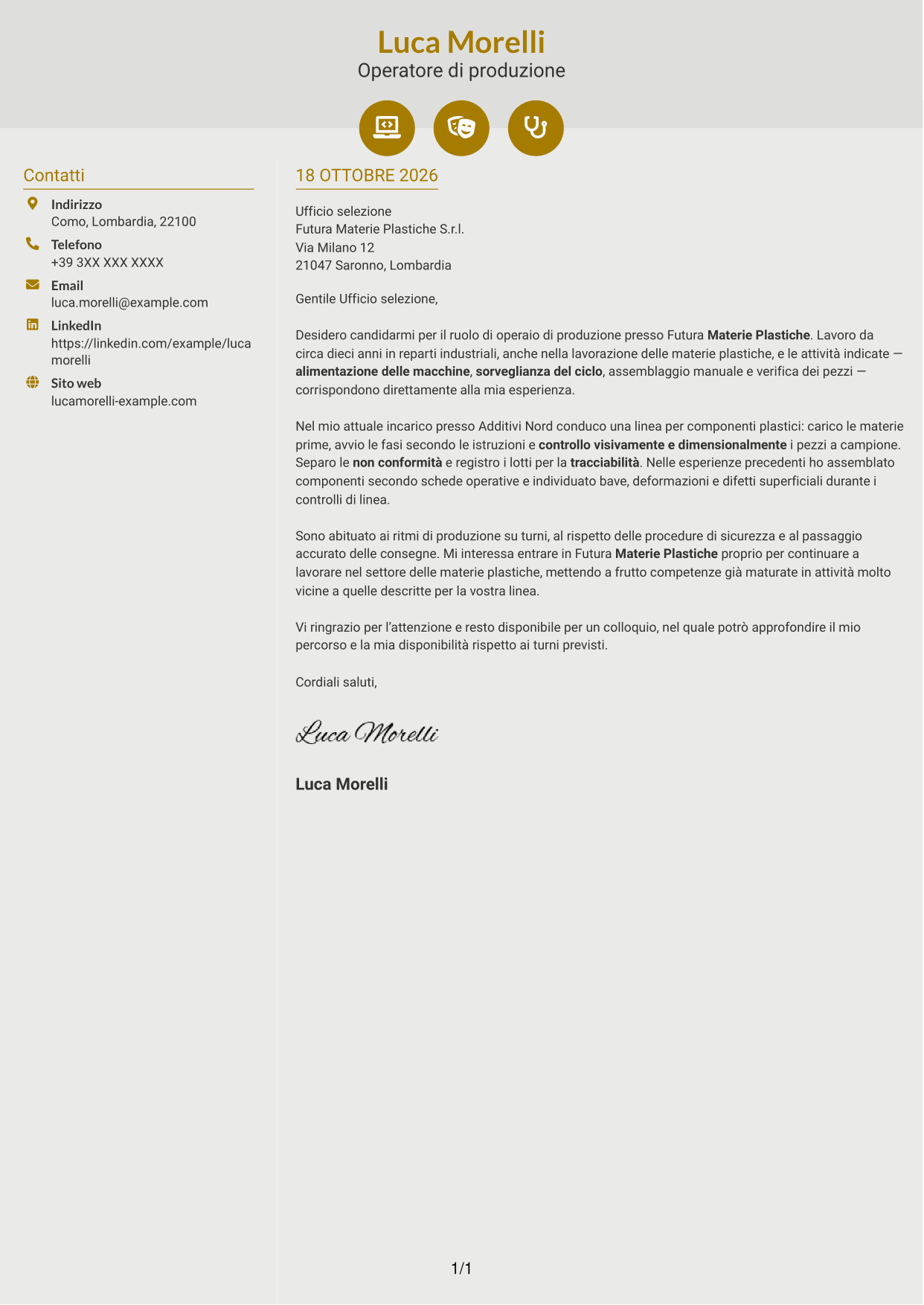 Lettera di presentazione Dinamico (formato a due colonne con icone): Operaio di produzione - Assemblaggio e controllo qualità, pagina 1