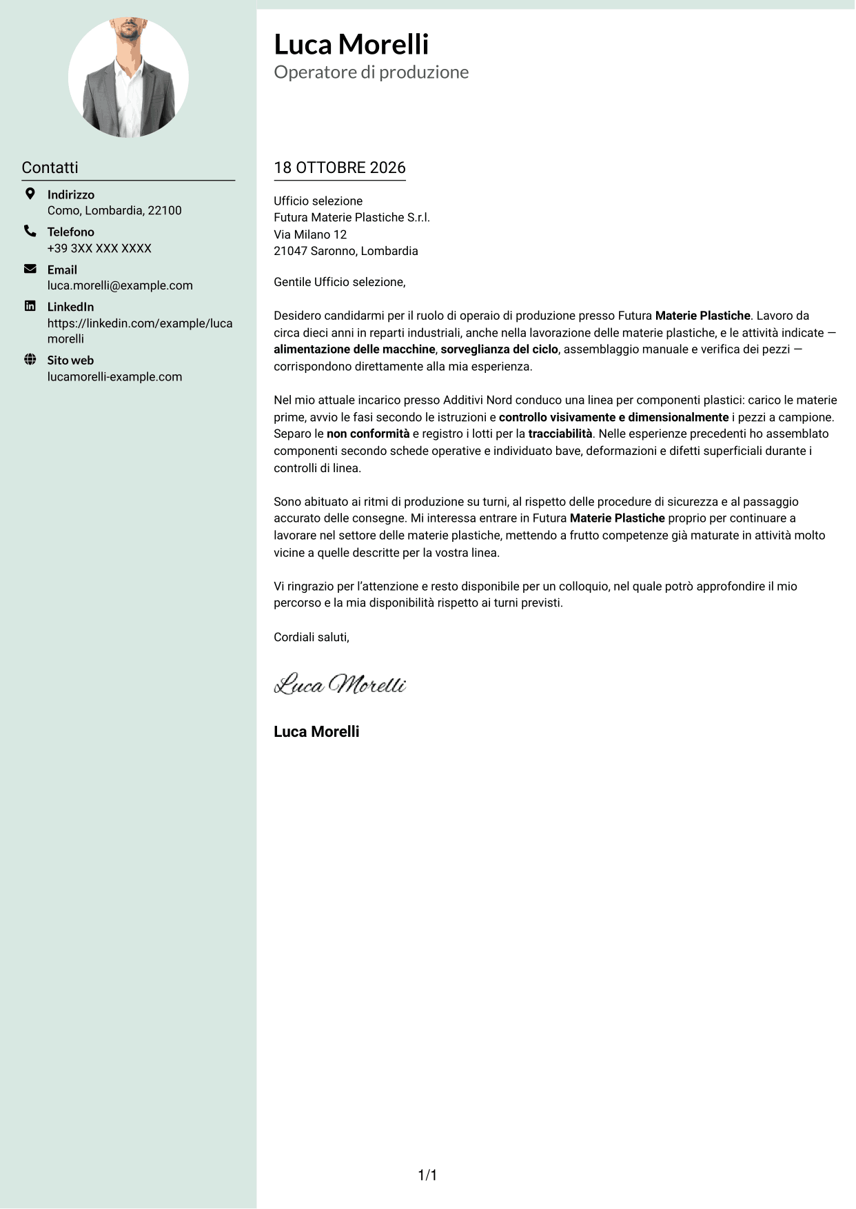 Lettera di presentazione Dirigente (formato con colonna laterale tenue e foto arrotondata): Operaio di produzione - Assemblaggio e controllo qualità, pagina 1