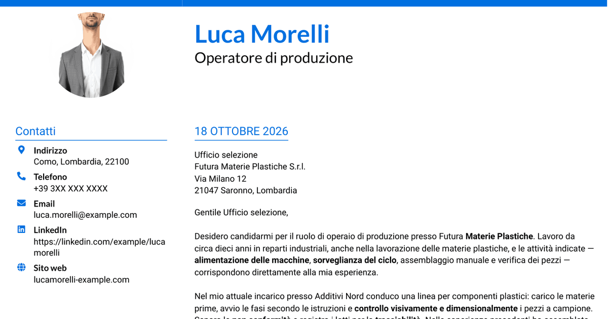 7 modelli di lettera di presentazione per Operaio di produzione - Assemblaggio e controllo qualità, con esempi