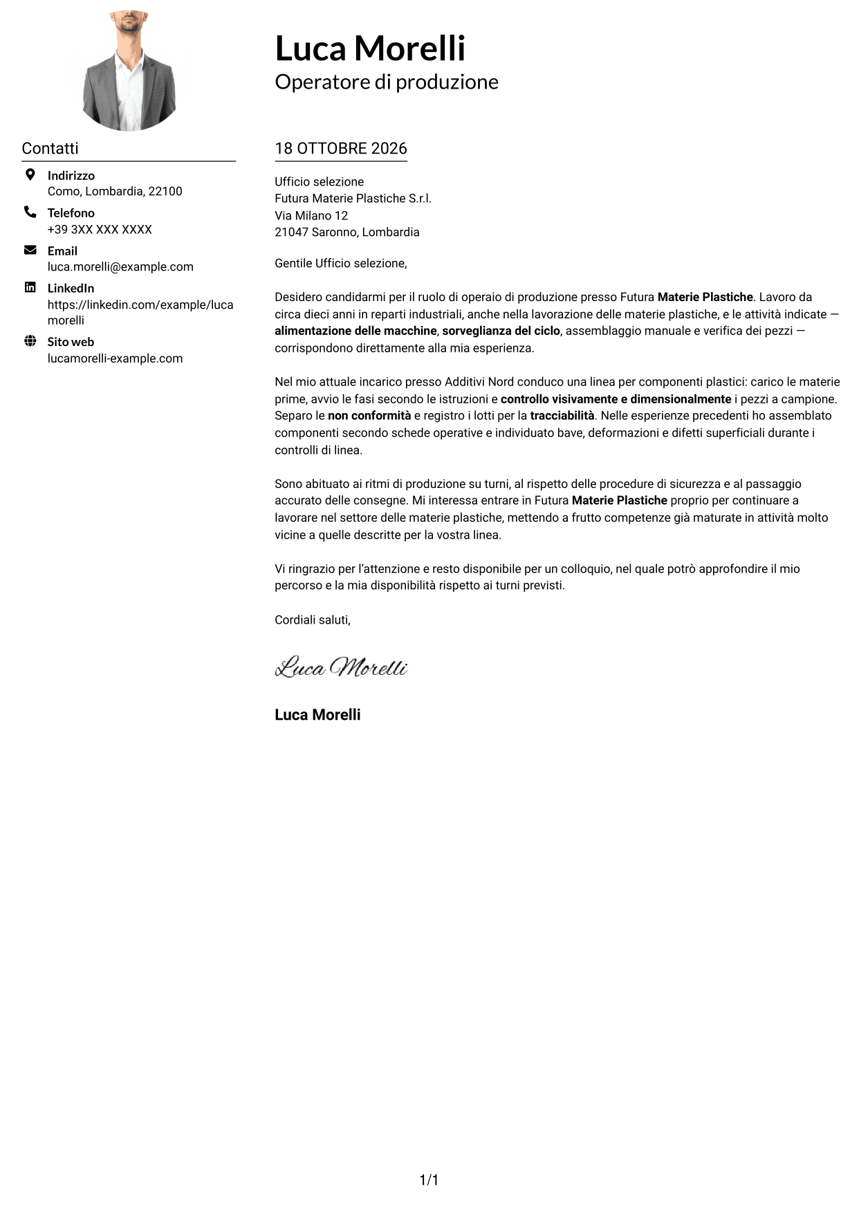 Esempio di lettera di presentazione — pagina 1
