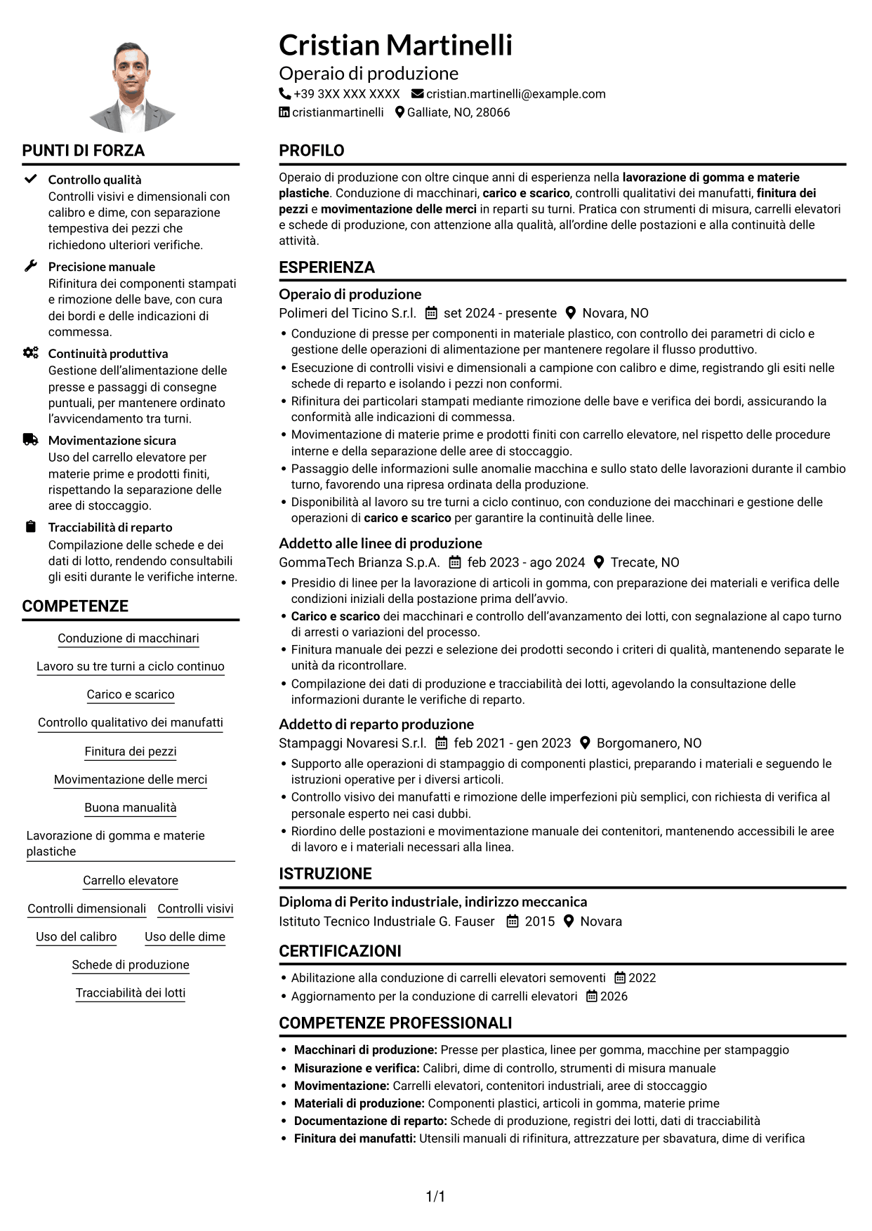 Esempio di curriculum — pagina 1