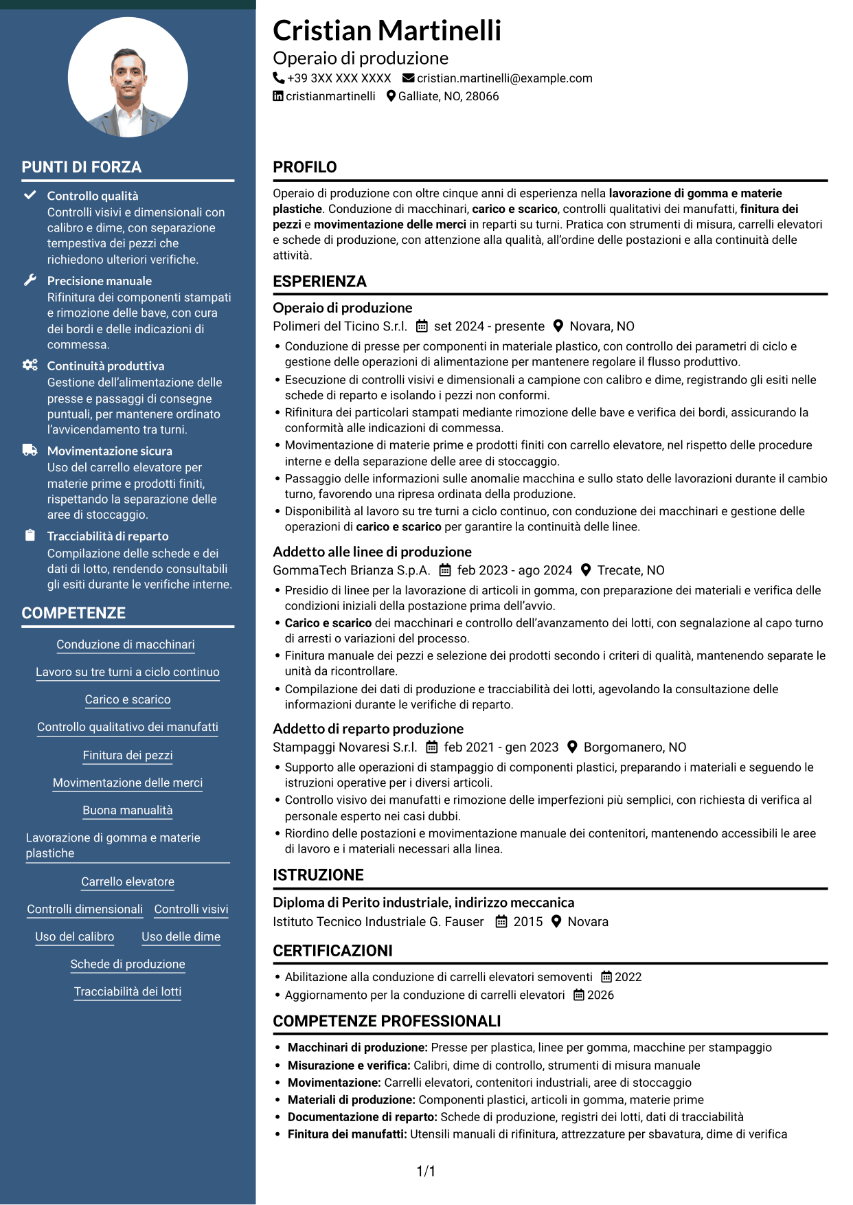 CV Elegante (formato con colonna laterale colorata e foto): Operaio di produzione - Ciclo continuo, pagina 1