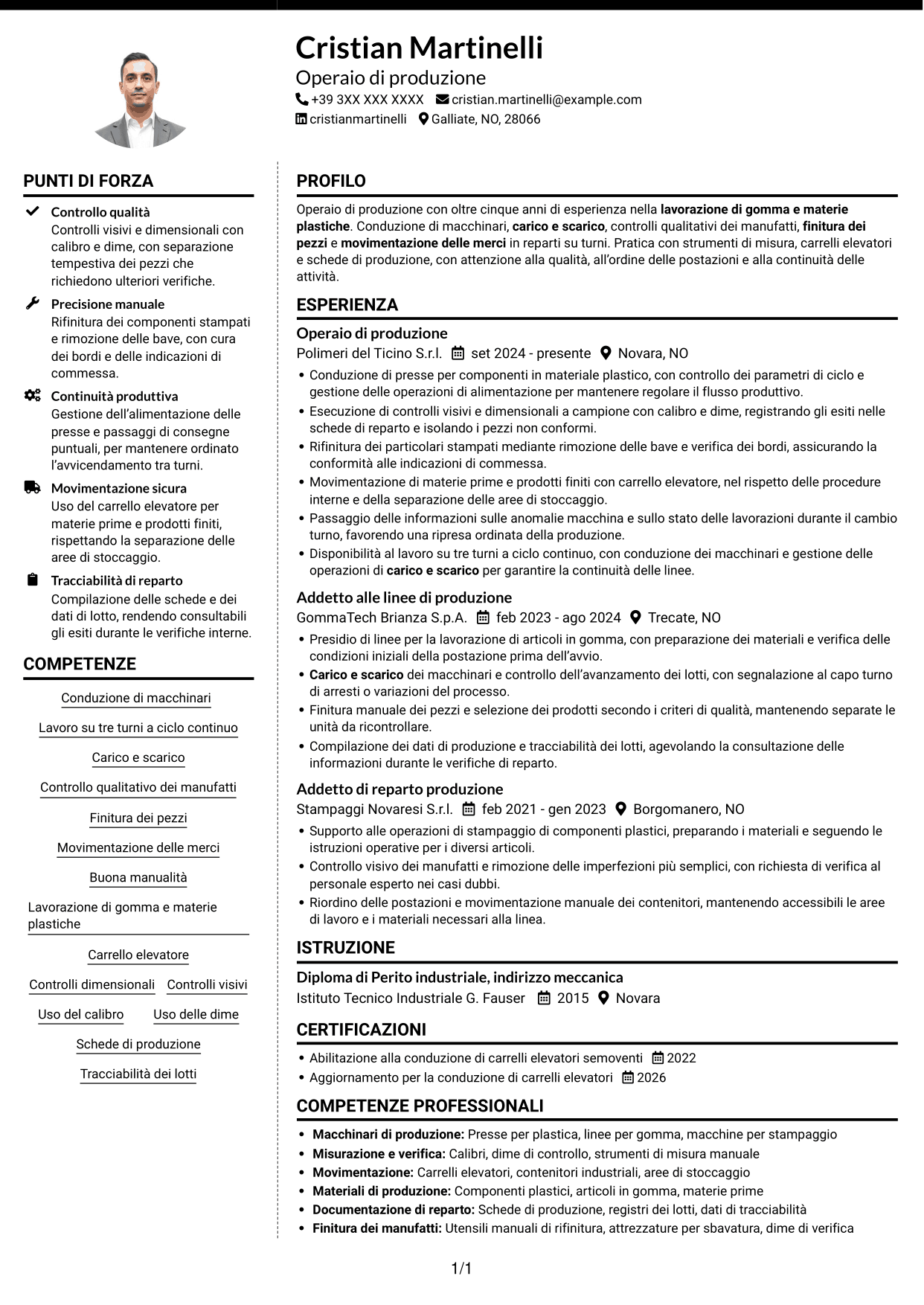 CV Moderno (formato a due colonne con foto a sinistra e separatore): Operaio di produzione - Ciclo continuo, pagina 1