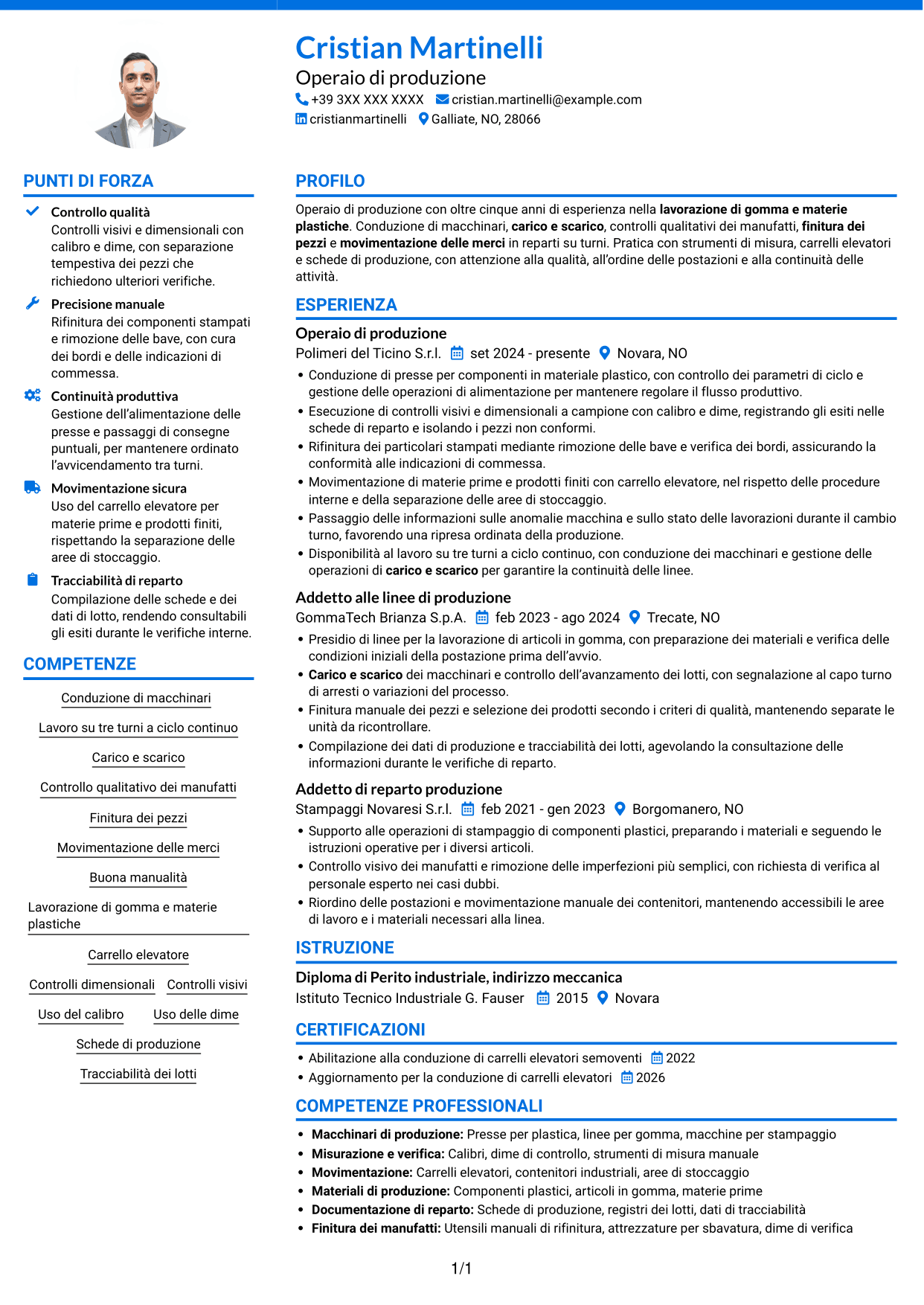 CV Audace (formato a due colonne con accenti colorati e foto): Operaio di produzione - Ciclo continuo, pagina 1