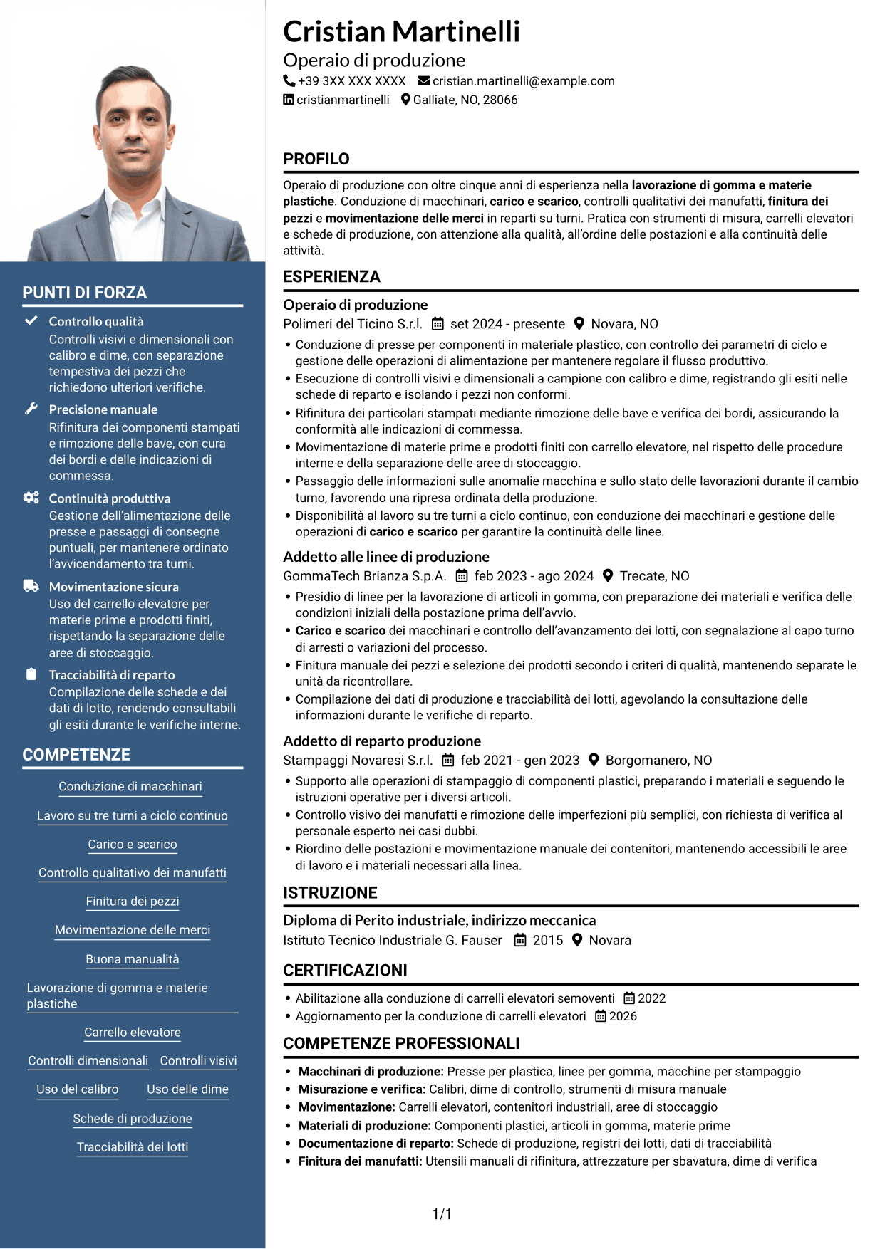 CV Signature (formato con colonna laterale colorata e foto grande): Operaio di produzione - Ciclo continuo, pagina 1