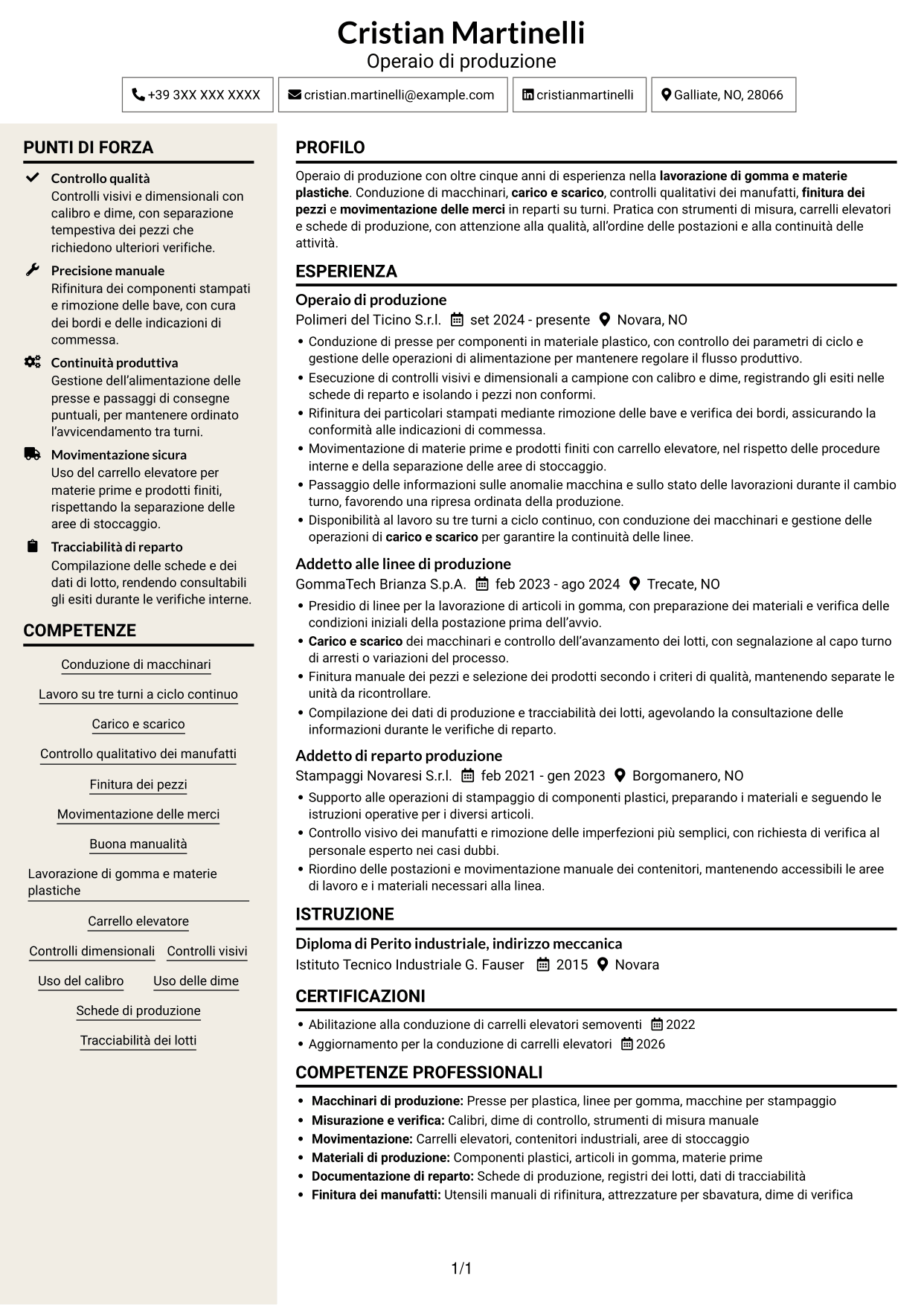 CV Intraprendente (formato a due colonne con intestazione centrata senza foto): Operaio di produzione - Ciclo continuo, pagina 1