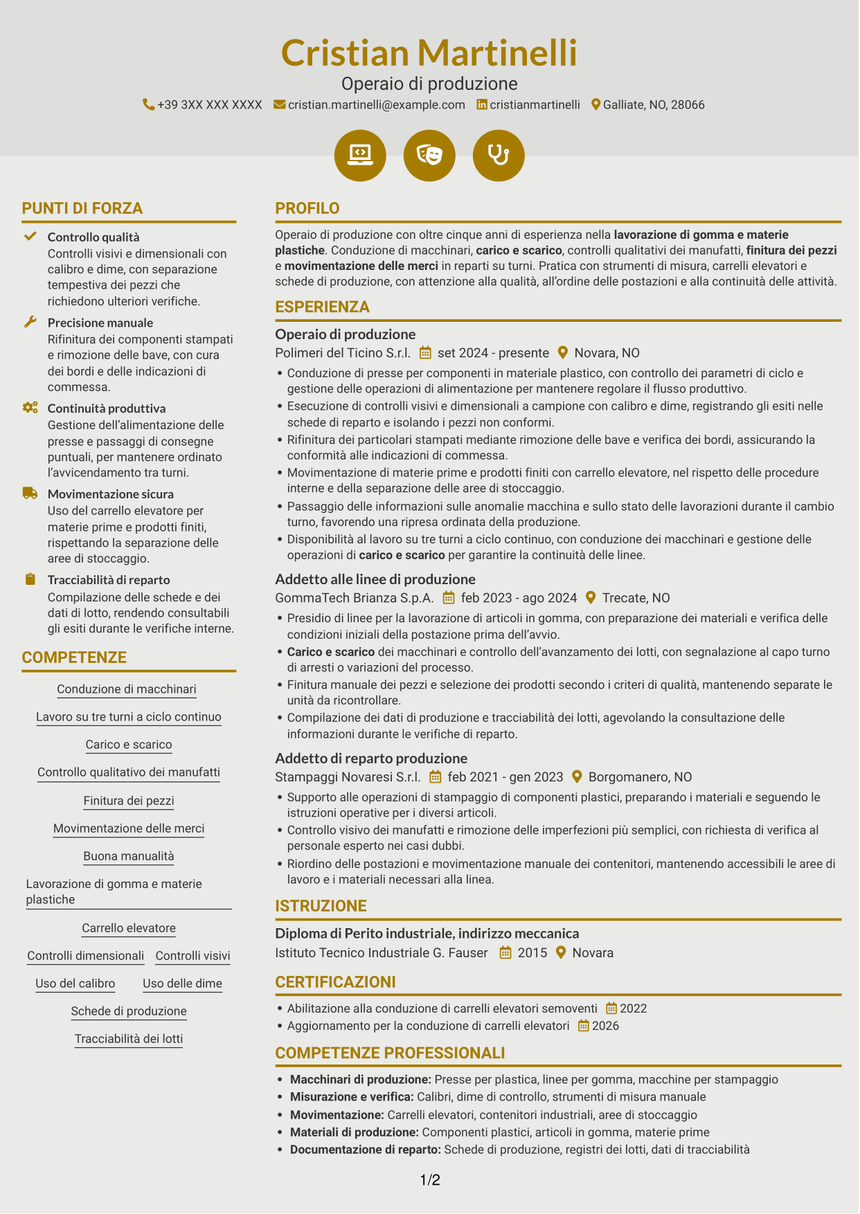 CV Dinamico (formato a due colonne con icone): Operaio di produzione - Ciclo continuo, pagina 1