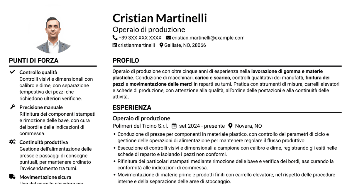 7 modelli di CV per Operaio di produzione - Ciclo continuo, con esempi