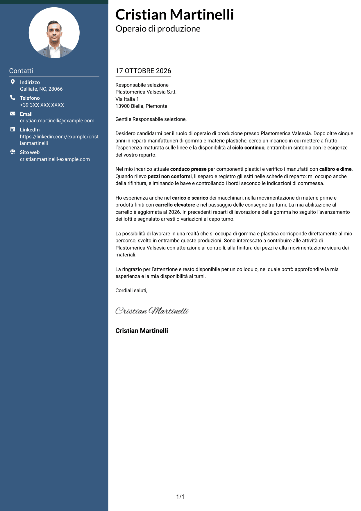Lettera di presentazione Elegante (formato con colonna laterale colorata e foto): Operaio di produzione - Ciclo continuo, pagina 1