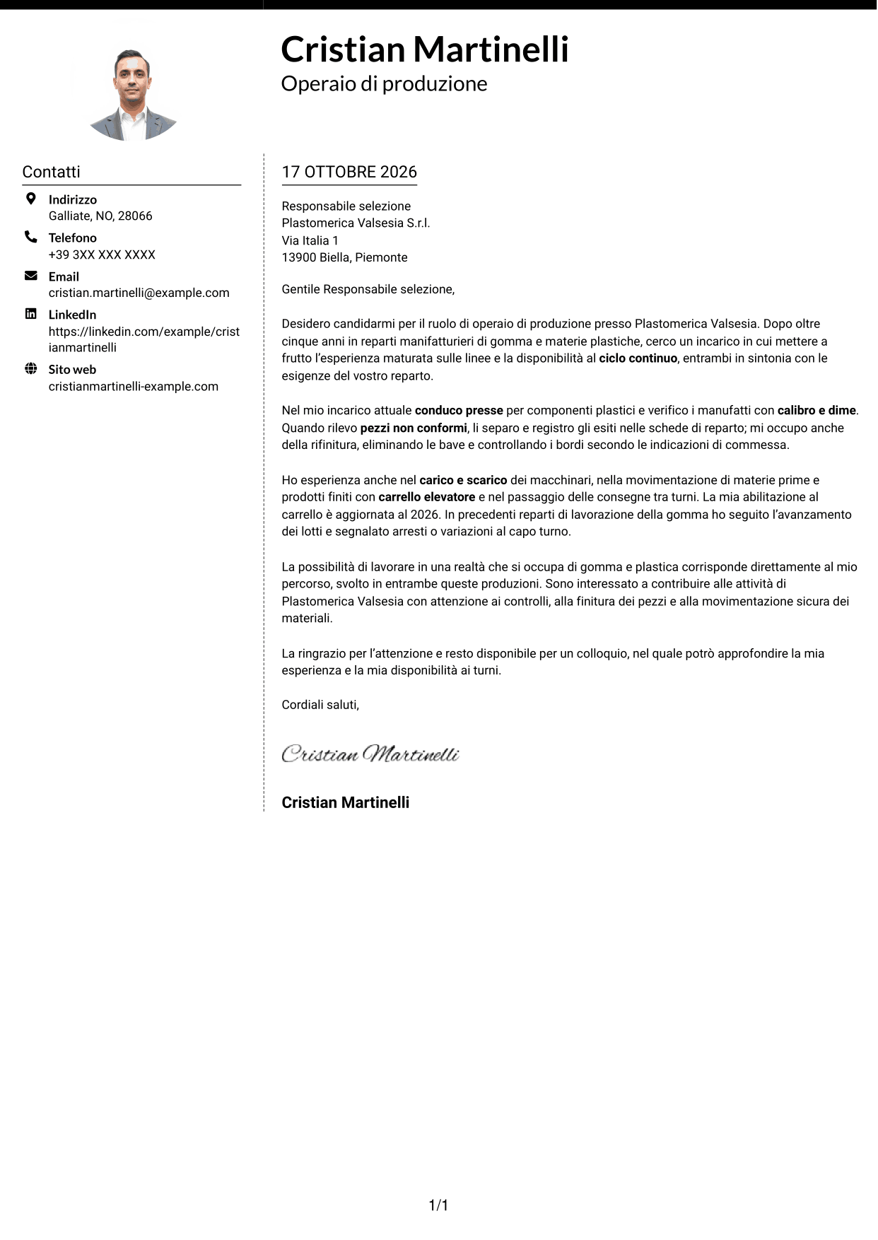 Lettera di presentazione Moderno (formato a due colonne con foto a sinistra e separatore): Operaio di produzione - Ciclo continuo, pagina 1