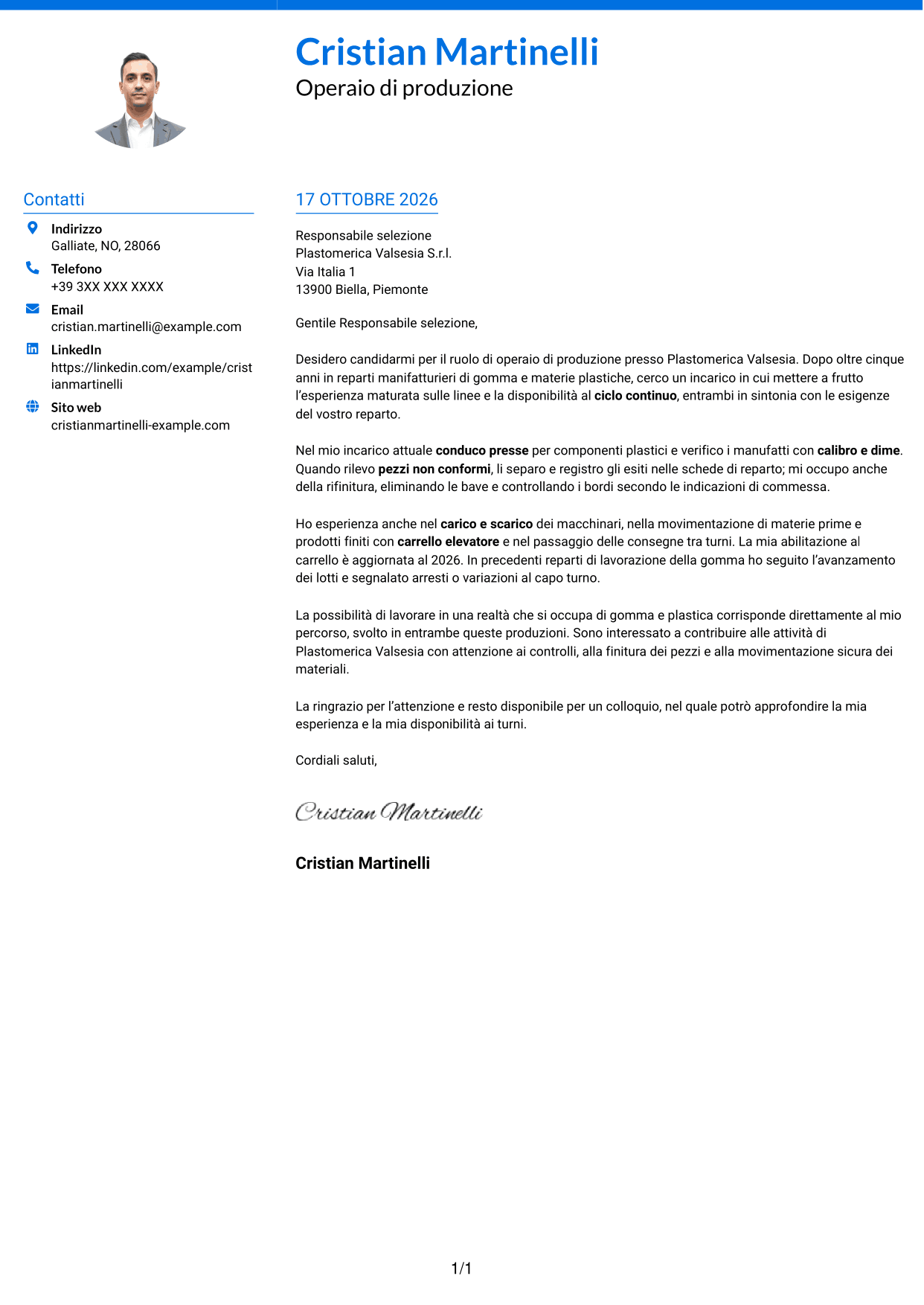 Lettera di presentazione Audace (formato a due colonne con accenti colorati e foto): Operaio di produzione - Ciclo continuo, pagina 1