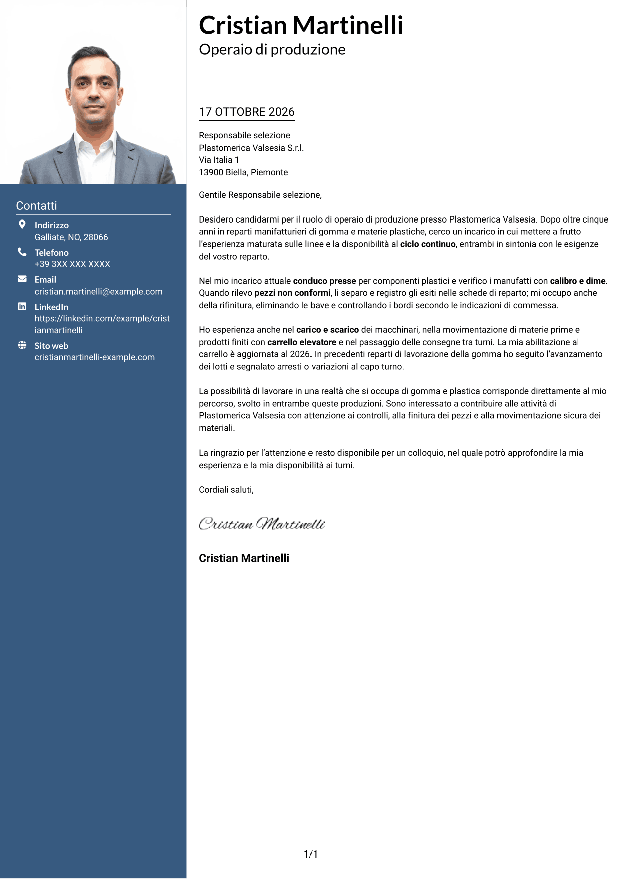 Lettera di presentazione Signature (formato con colonna laterale colorata e foto grande): Operaio di produzione - Ciclo continuo, pagina 1