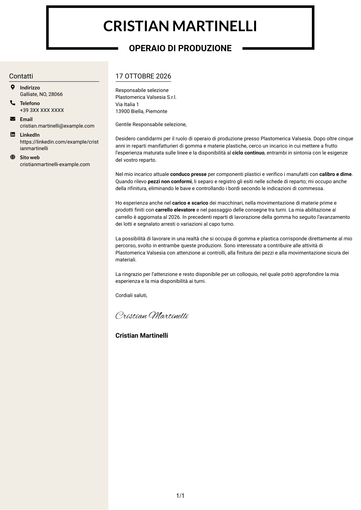 Lettera di presentazione Intraprendente (formato a due colonne con intestazione centrata senza foto): Operaio di produzione - Ciclo continuo, pagina 1