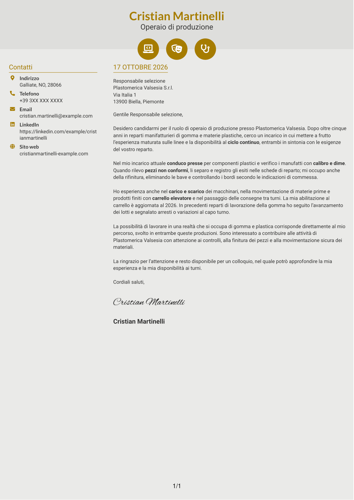 Lettera di presentazione Dinamico (formato a due colonne con icone): Operaio di produzione - Ciclo continuo, pagina 1
