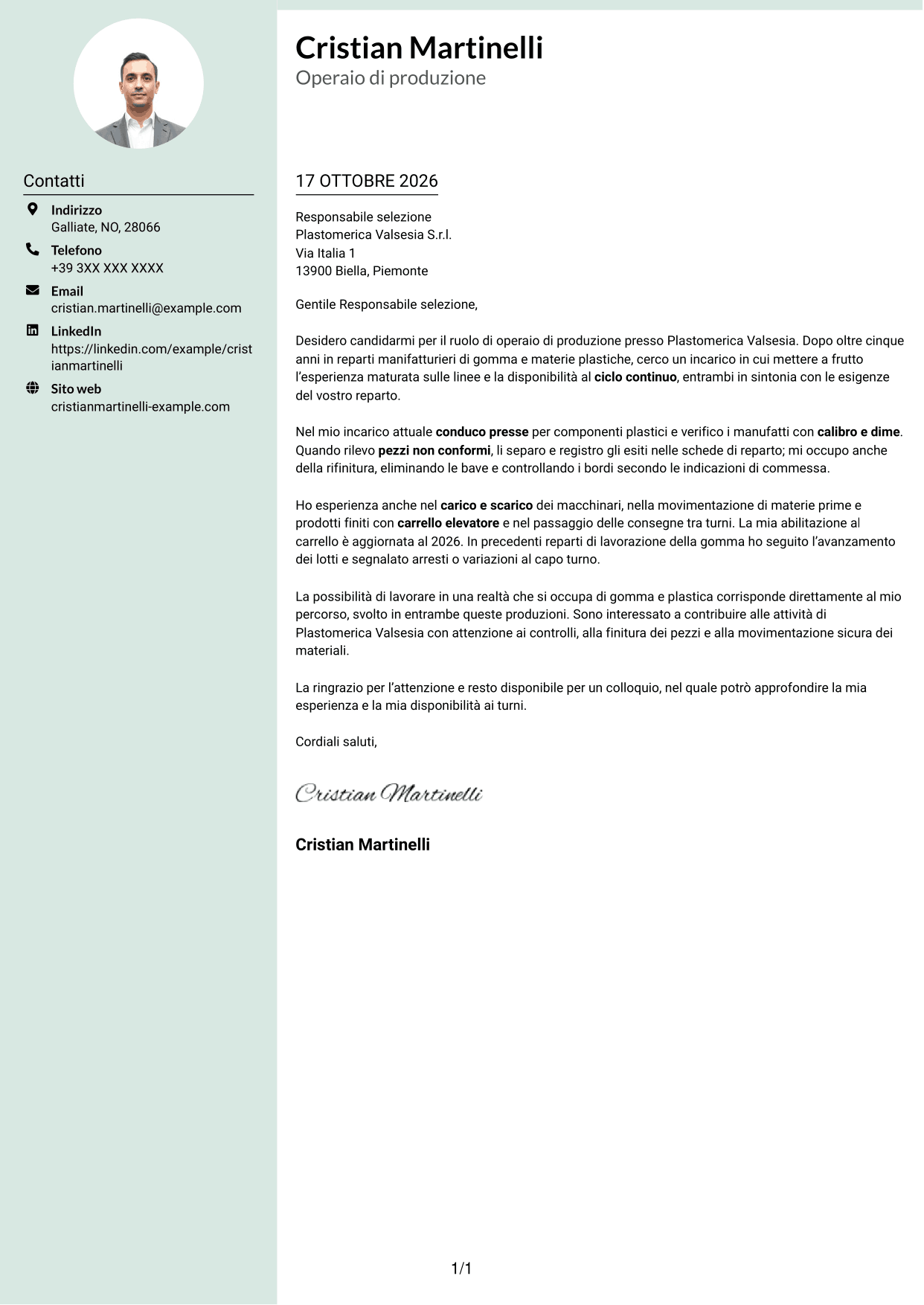 Lettera di presentazione Dirigente (formato con colonna laterale tenue e foto arrotondata): Operaio di produzione - Ciclo continuo, pagina 1
