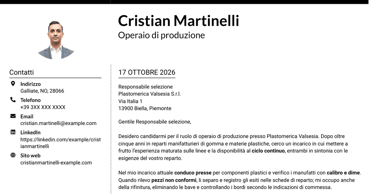 7 modelli di lettera di presentazione per Operaio di produzione - Ciclo continuo, con esempi