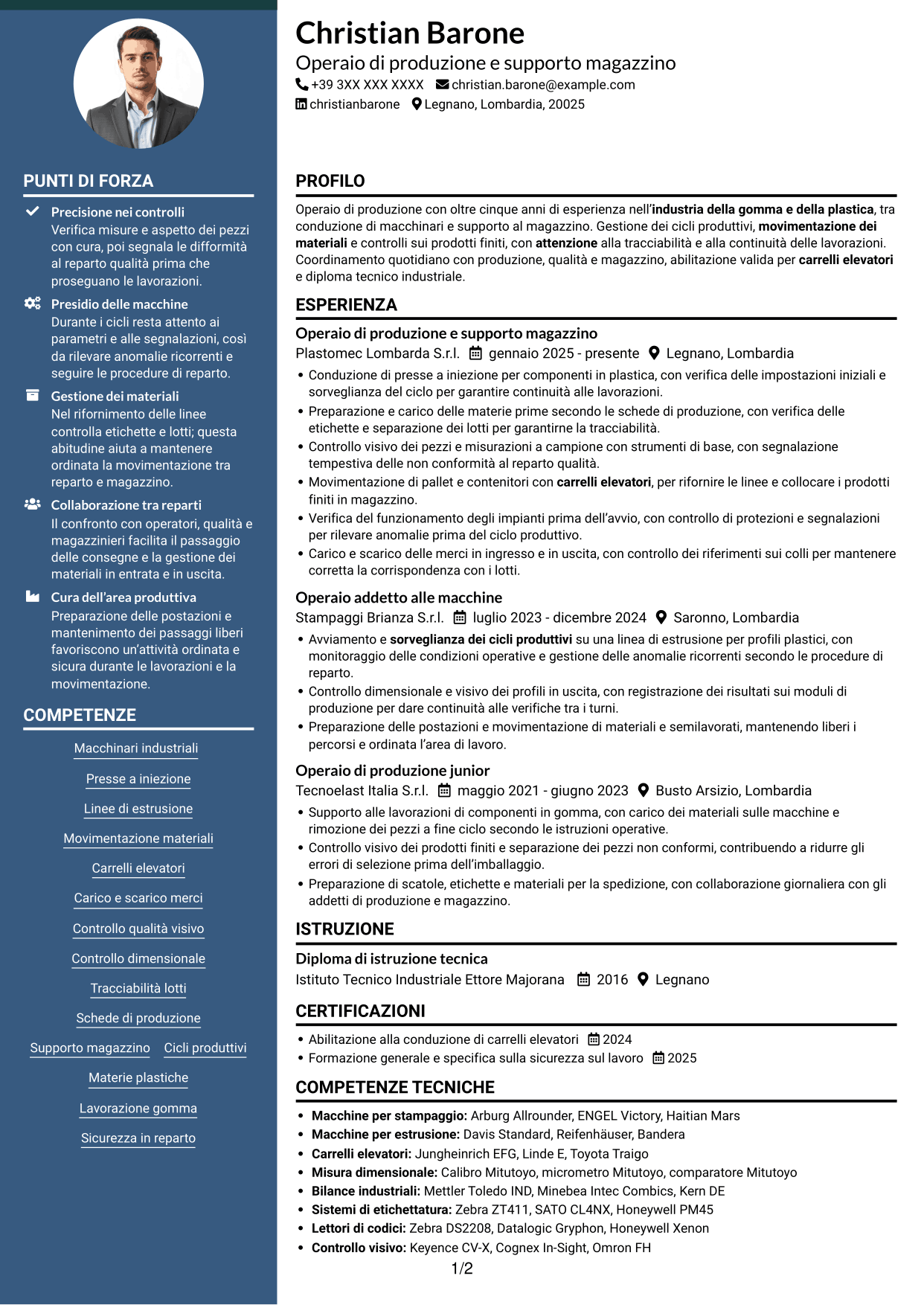 CV Elegante (formato con colonna laterale colorata e foto): Operaio di produzione e supporto magazzino - Macchinari industriali, pagina 1
