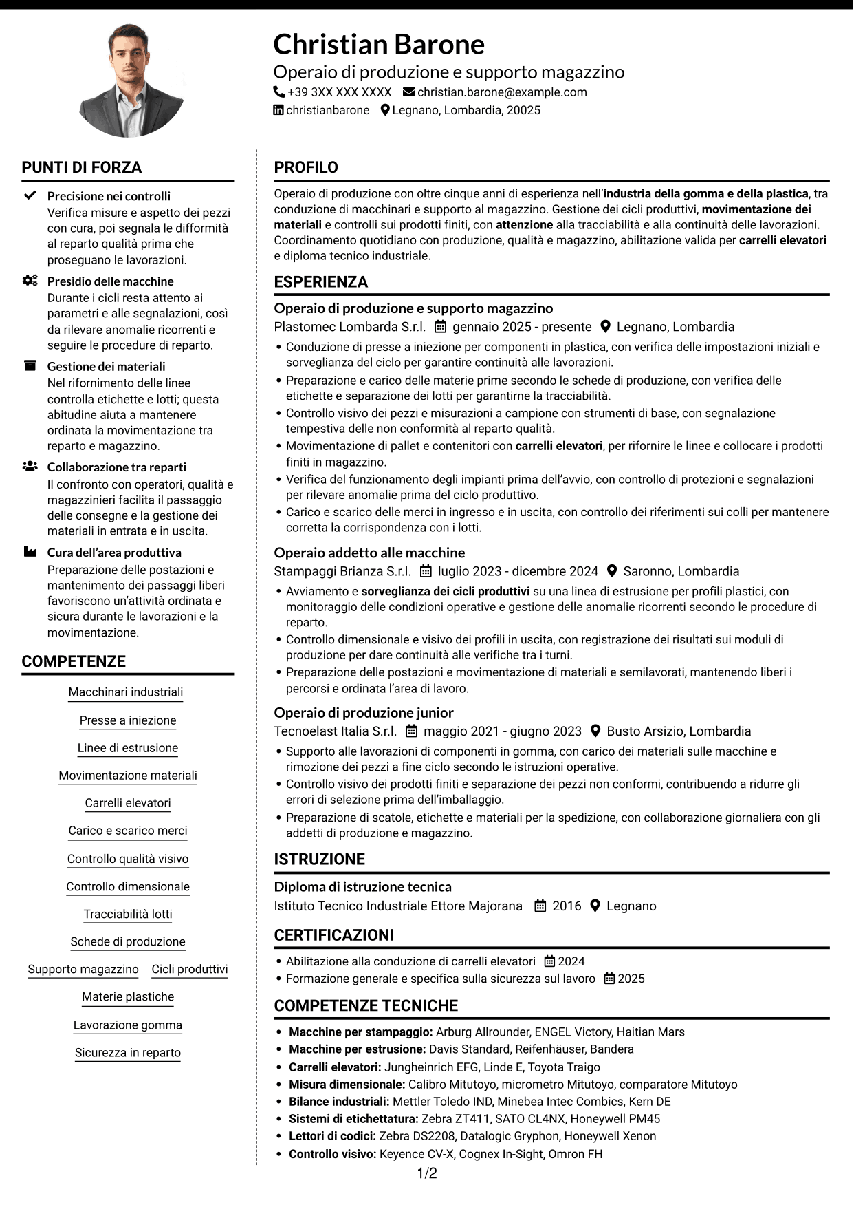 CV Moderno (formato a due colonne con foto a sinistra e separatore): Operaio di produzione e supporto magazzino - Macchinari industriali, pagina 1