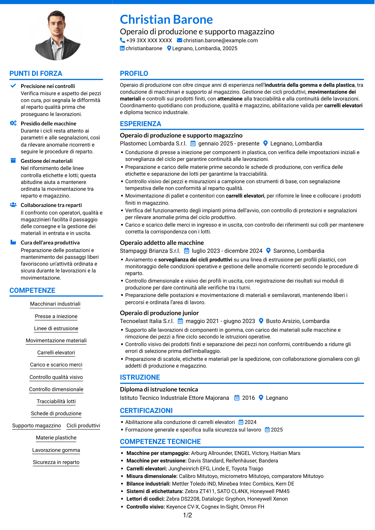 CV Audace (formato a due colonne con accenti colorati e foto): Operaio di produzione e supporto magazzino - Macchinari industriali, pagina 1