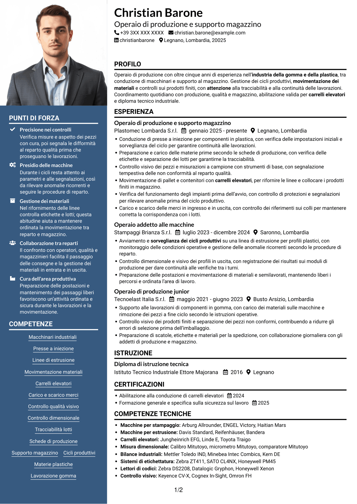 CV Signature (formato con colonna laterale colorata e foto grande): Operaio di produzione e supporto magazzino - Macchinari industriali, pagina 1