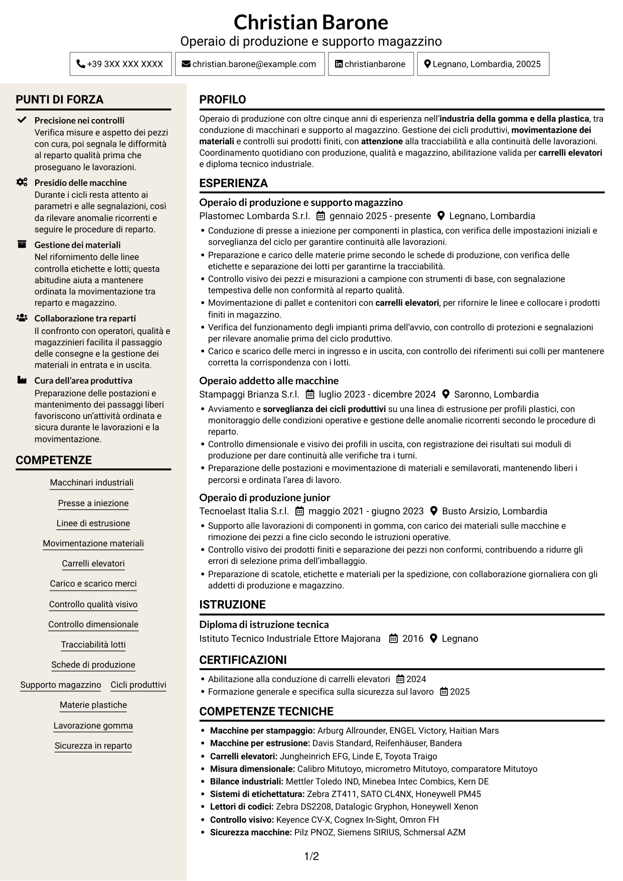 CV Intraprendente (formato a due colonne con intestazione centrata senza foto): Operaio di produzione e supporto magazzino - Macchinari industriali, pagina 1