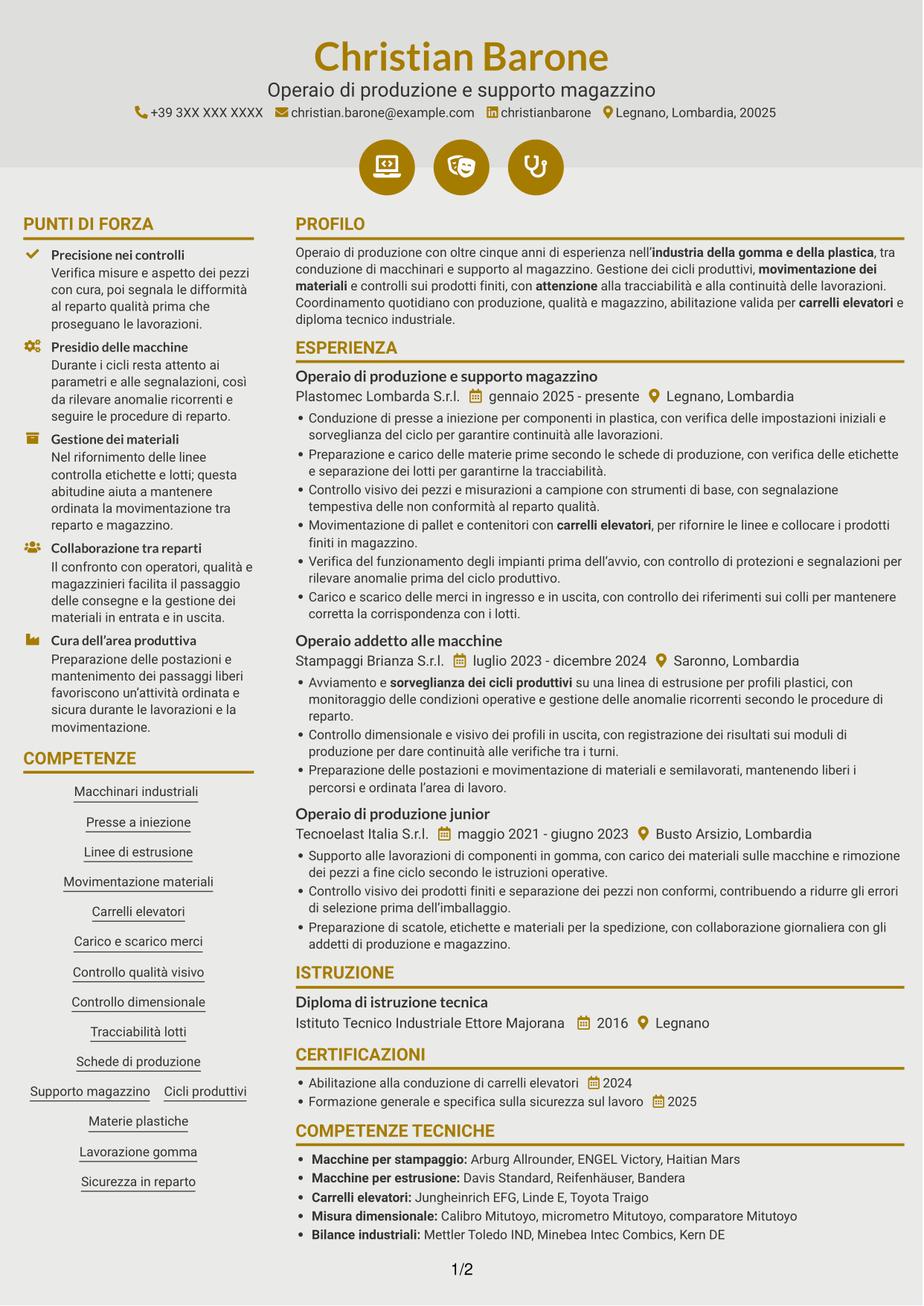 CV Dinamico (formato a due colonne con icone): Operaio di produzione e supporto magazzino - Macchinari industriali, pagina 1