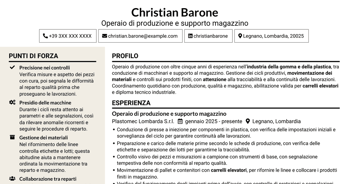 7 modelli di CV per Operaio di produzione e supporto magazzino - Macchinari industriali, con esempi