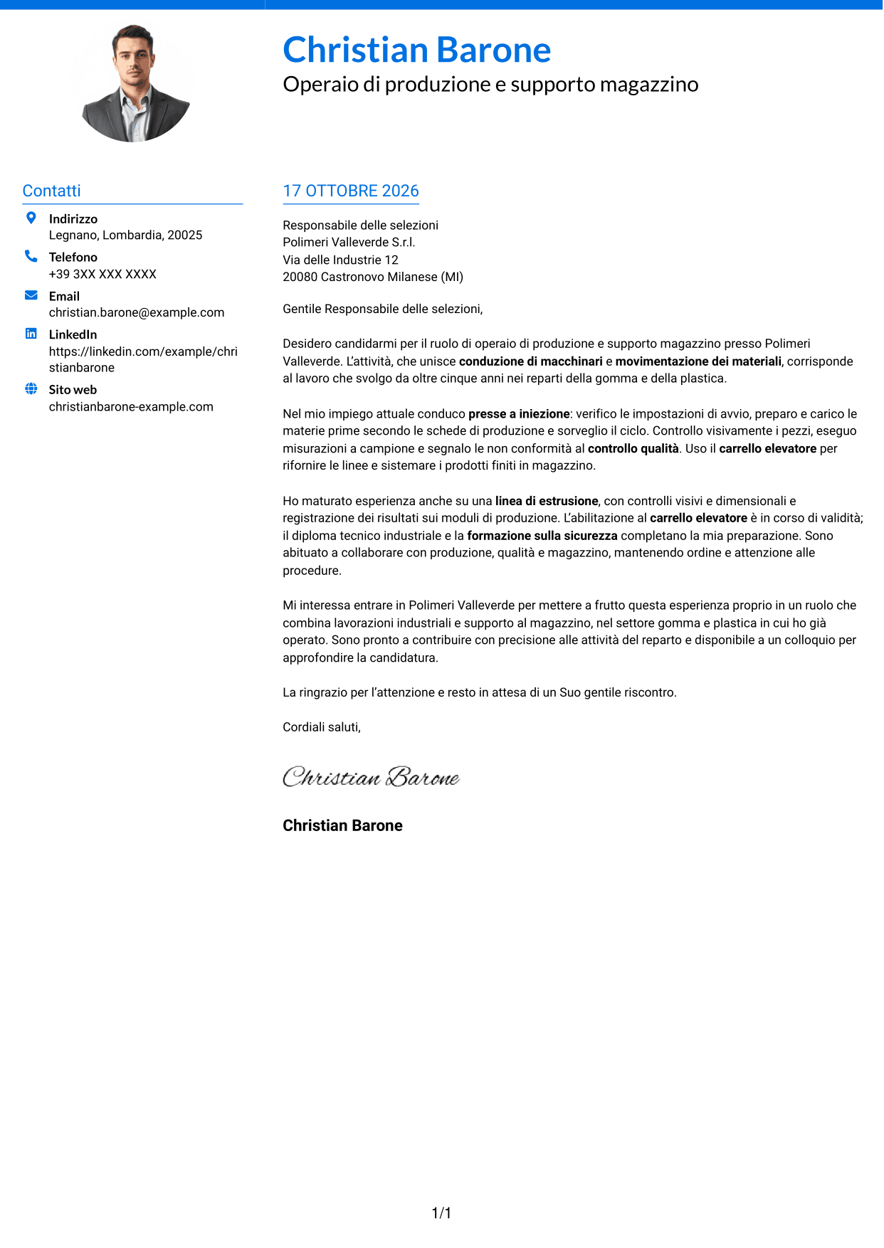 Lettera di presentazione Audace (formato a due colonne con accenti colorati e foto): Operaio di produzione e supporto magazzino - Macchinari industriali, pagina 1