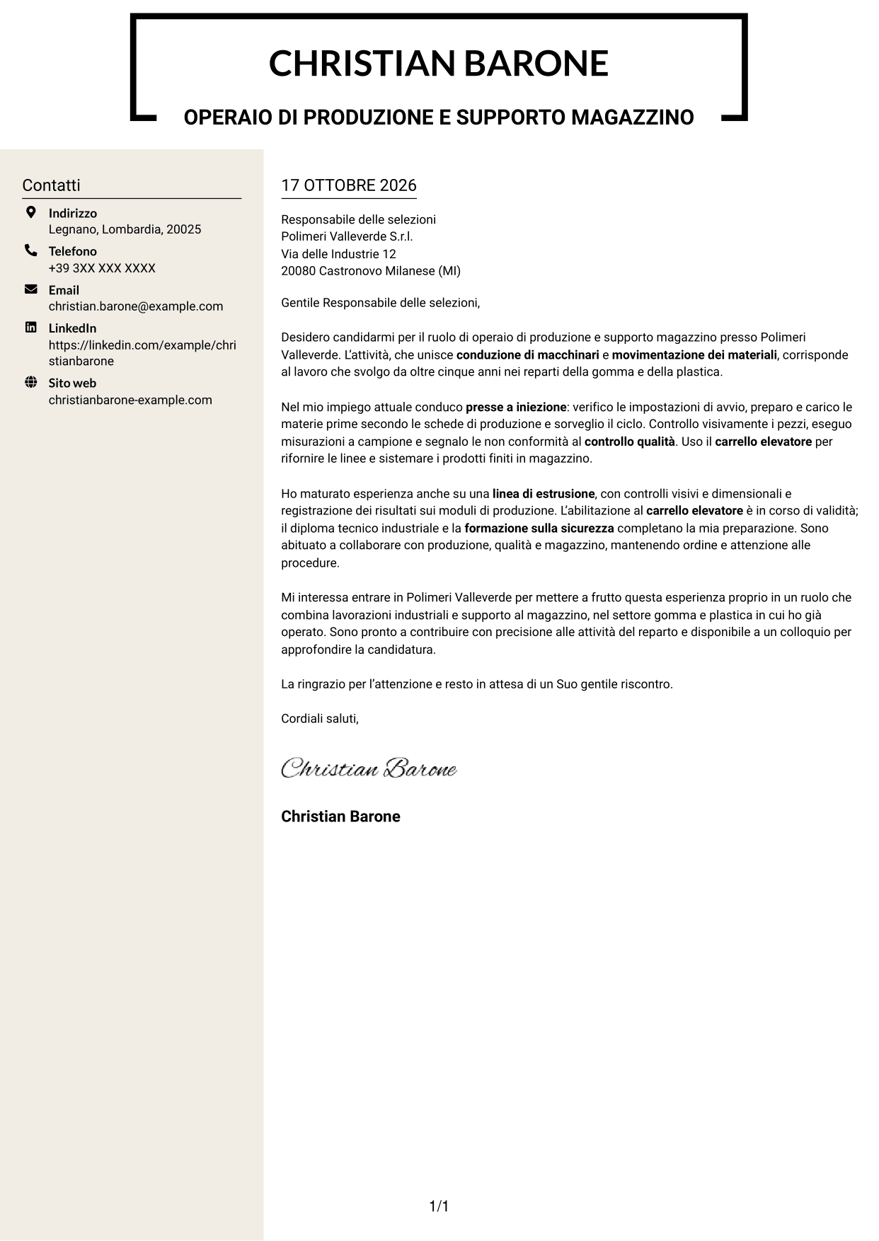 Lettera di presentazione Intraprendente (formato a due colonne con intestazione centrata senza foto): Operaio di produzione e supporto magazzino - Macchinari industriali, pagina 1