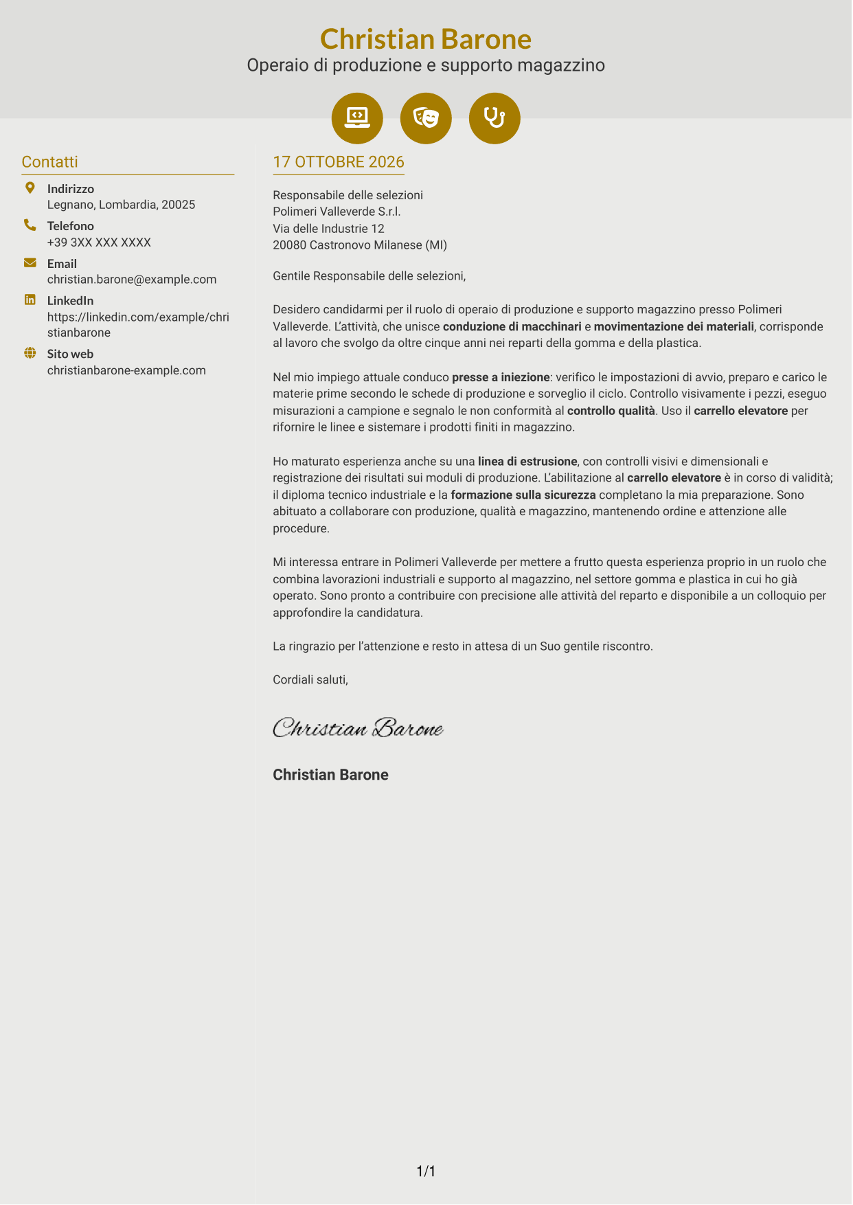 Lettera di presentazione Dinamico (formato a due colonne con icone): Operaio di produzione e supporto magazzino - Macchinari industriali, pagina 1