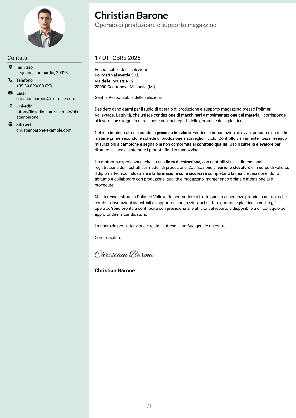 Lettera di presentazione Dirigente (formato con colonna laterale tenue e foto arrotondata): Operaio di produzione e supporto magazzino - Macchinari industriali, pagina 1