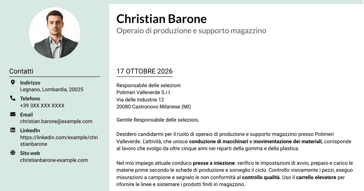 7 modelli di lettera di presentazione per Operaio di produzione e supporto magazzino - Macchinari industriali, con esempi