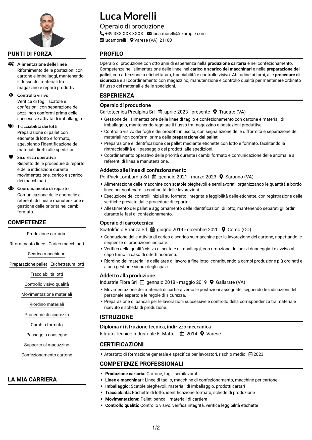Esempio di curriculum — pagina 1