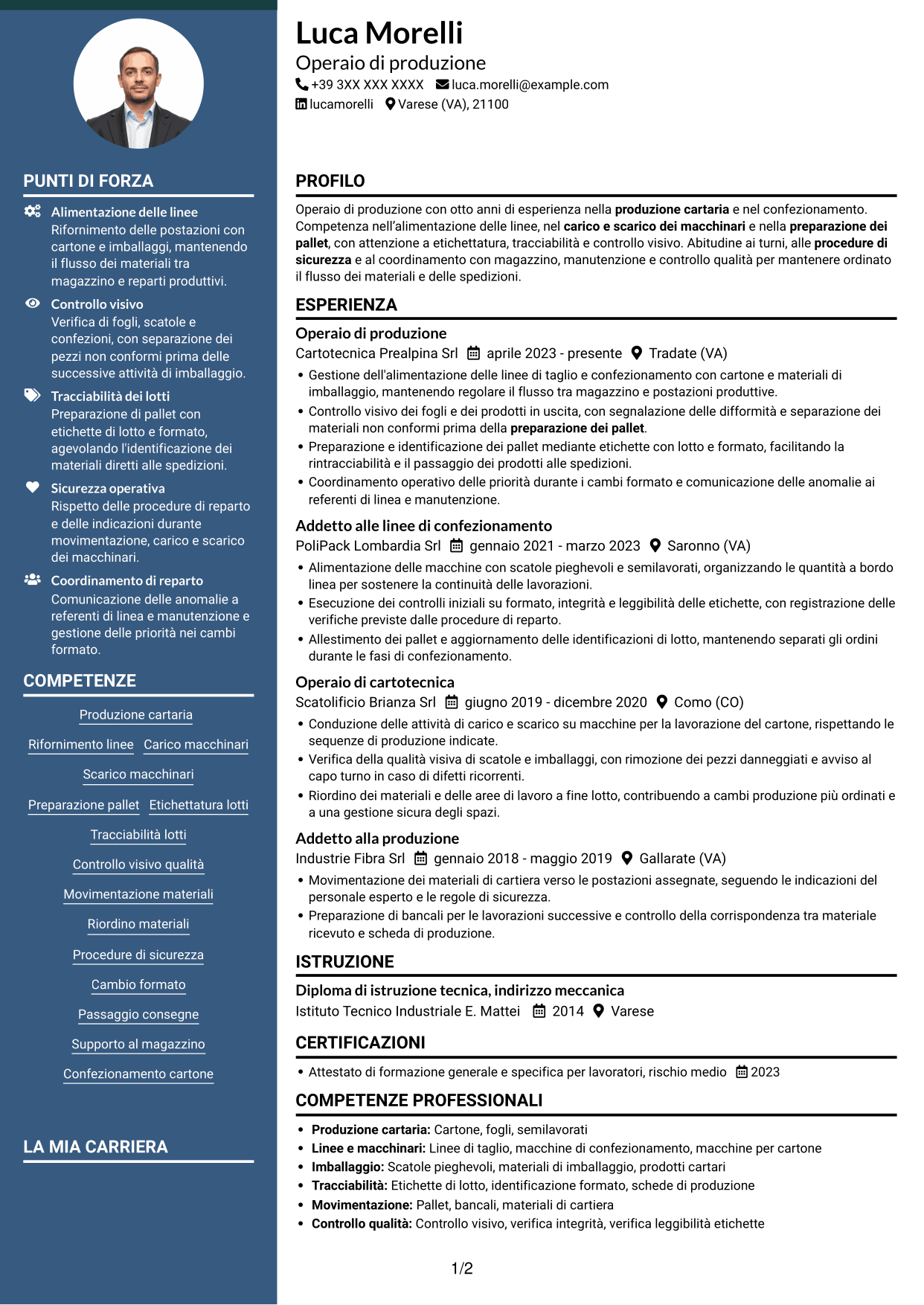 CV Elegante (formato con colonna laterale colorata e foto): Operaio di produzione - Industria cartaria, pagina 1