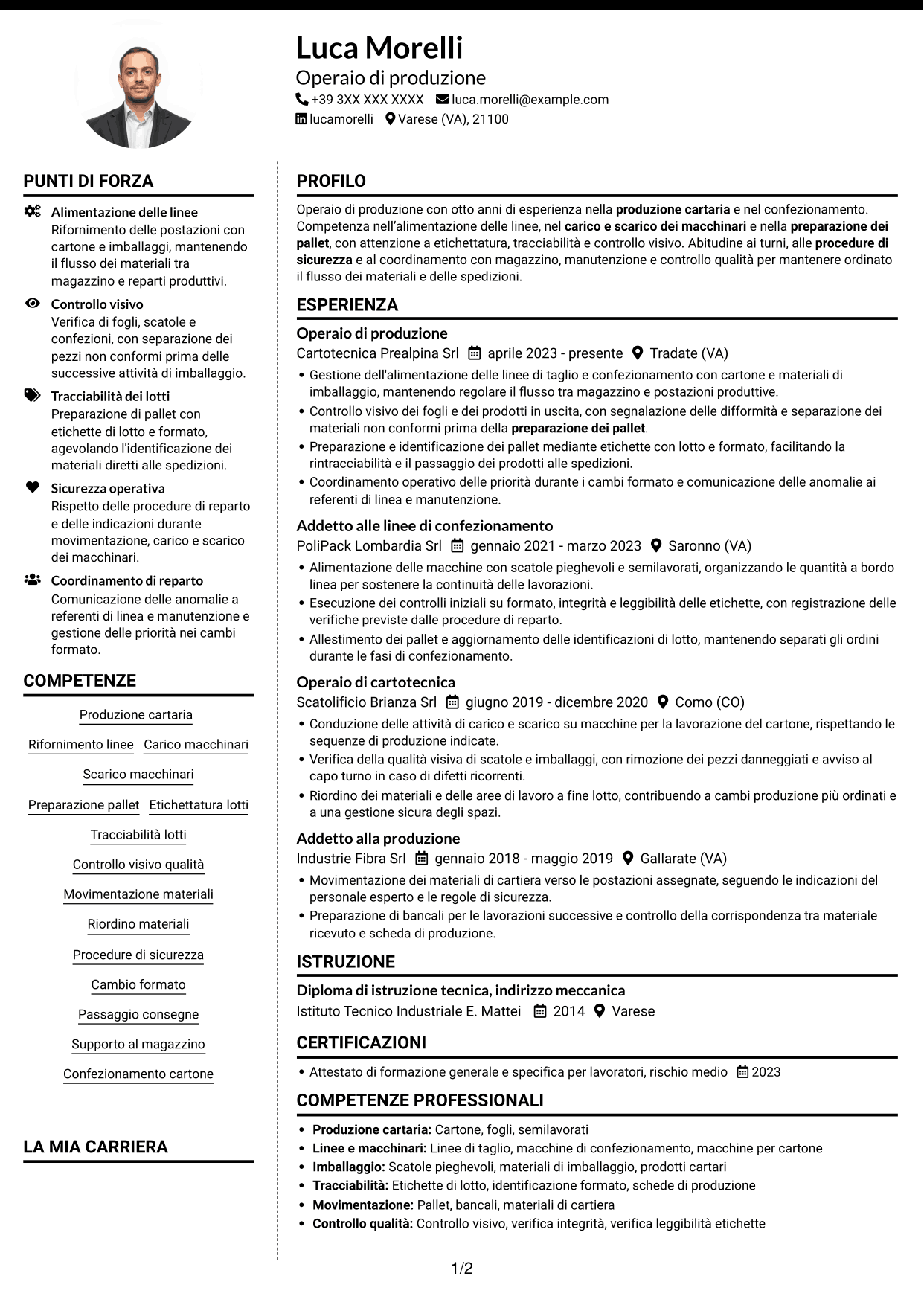 CV Moderno (formato a due colonne con foto a sinistra e separatore): Operaio di produzione - Industria cartaria, pagina 1
