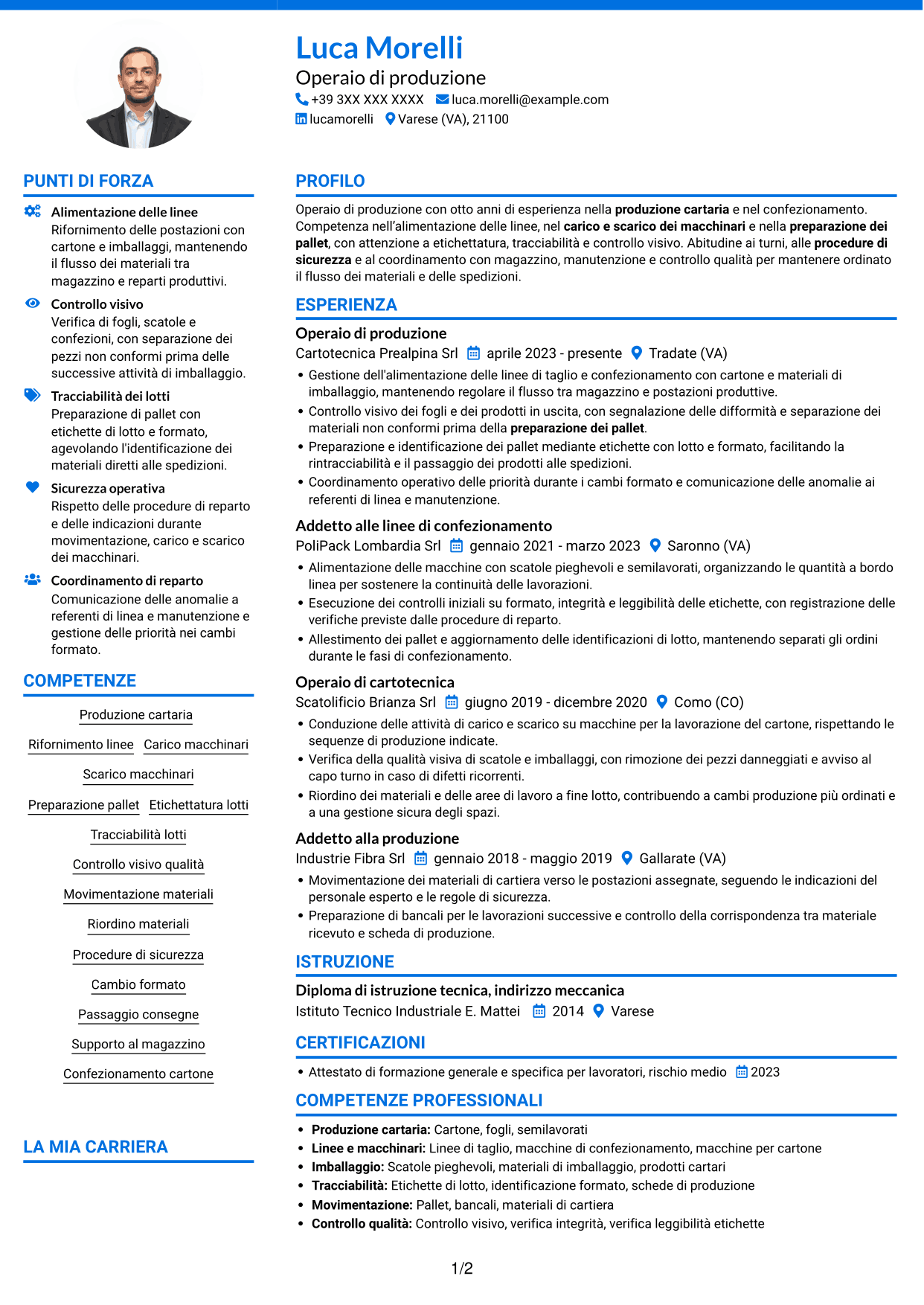 CV Audace (formato a due colonne con accenti colorati e foto): Operaio di produzione - Industria cartaria, pagina 1