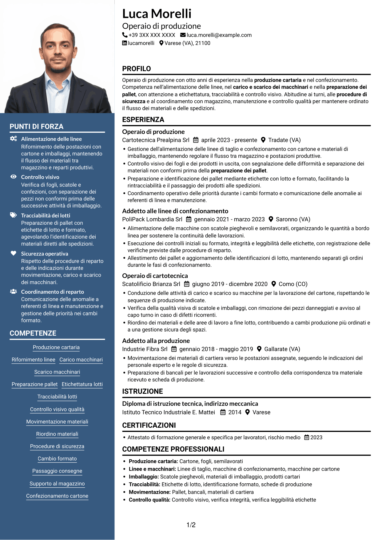 CV Signature (formato con colonna laterale colorata e foto grande): Operaio di produzione - Industria cartaria, pagina 1