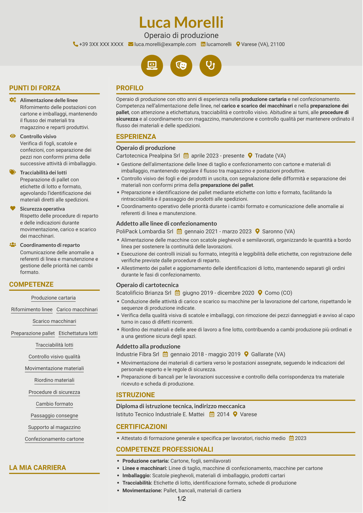 CV Dinamico (formato a due colonne con icone): Operaio di produzione - Industria cartaria, pagina 1