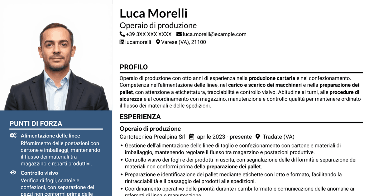 7 modelli di CV per Operaio di produzione - Industria cartaria, con esempi