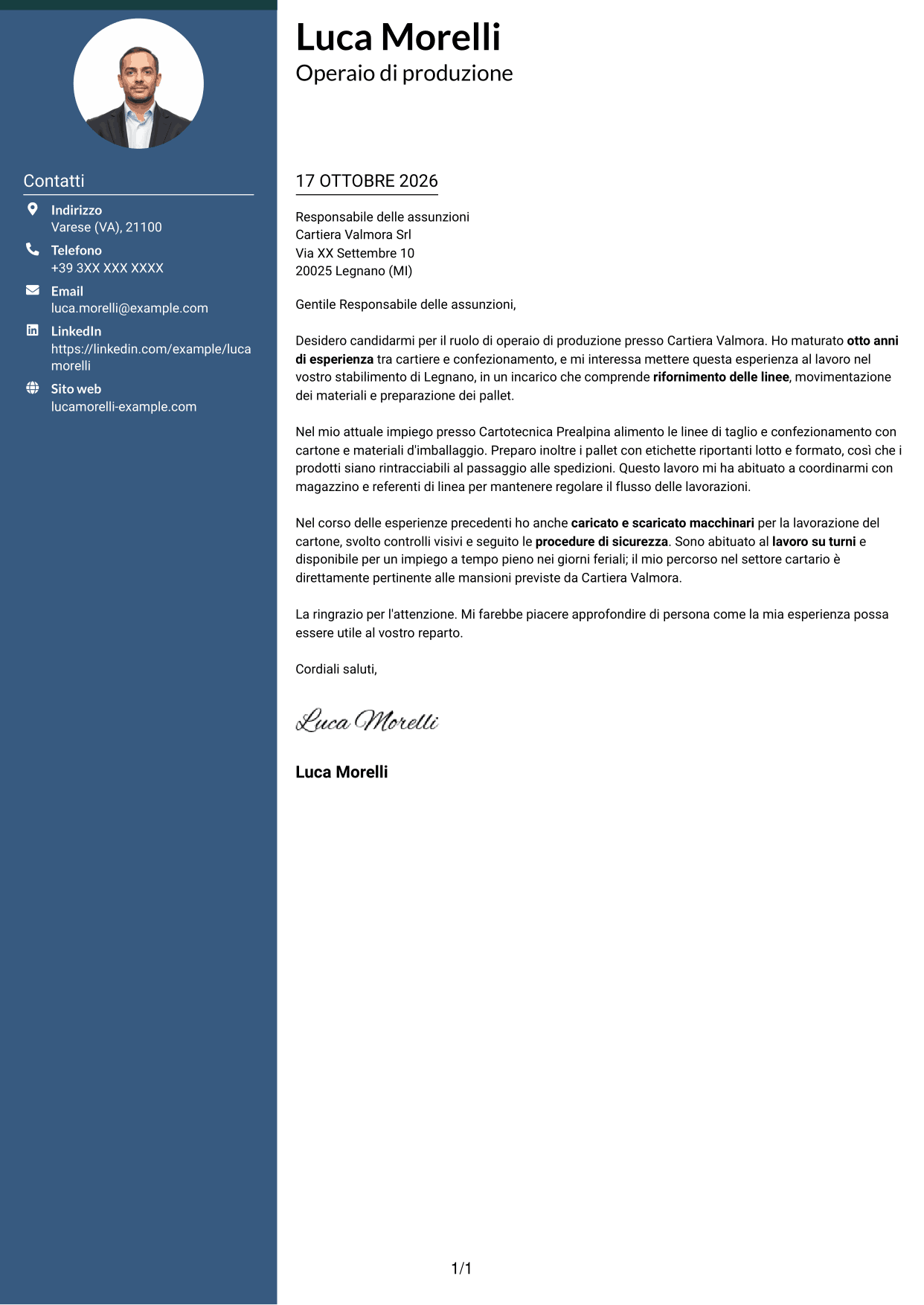 Lettera di presentazione Elegante (formato con colonna laterale colorata e foto): Operaio di produzione - Industria cartaria, pagina 1