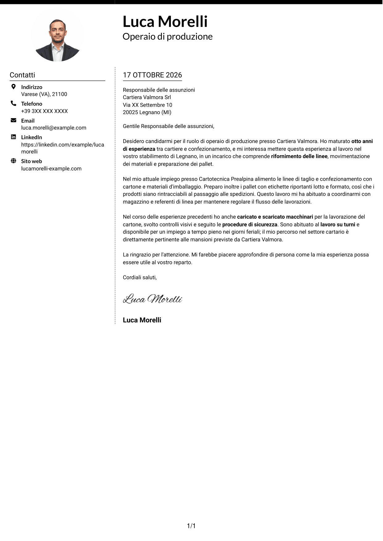 Lettera di presentazione Moderno (formato a due colonne con foto a sinistra e separatore): Operaio di produzione - Industria cartaria, pagina 1
