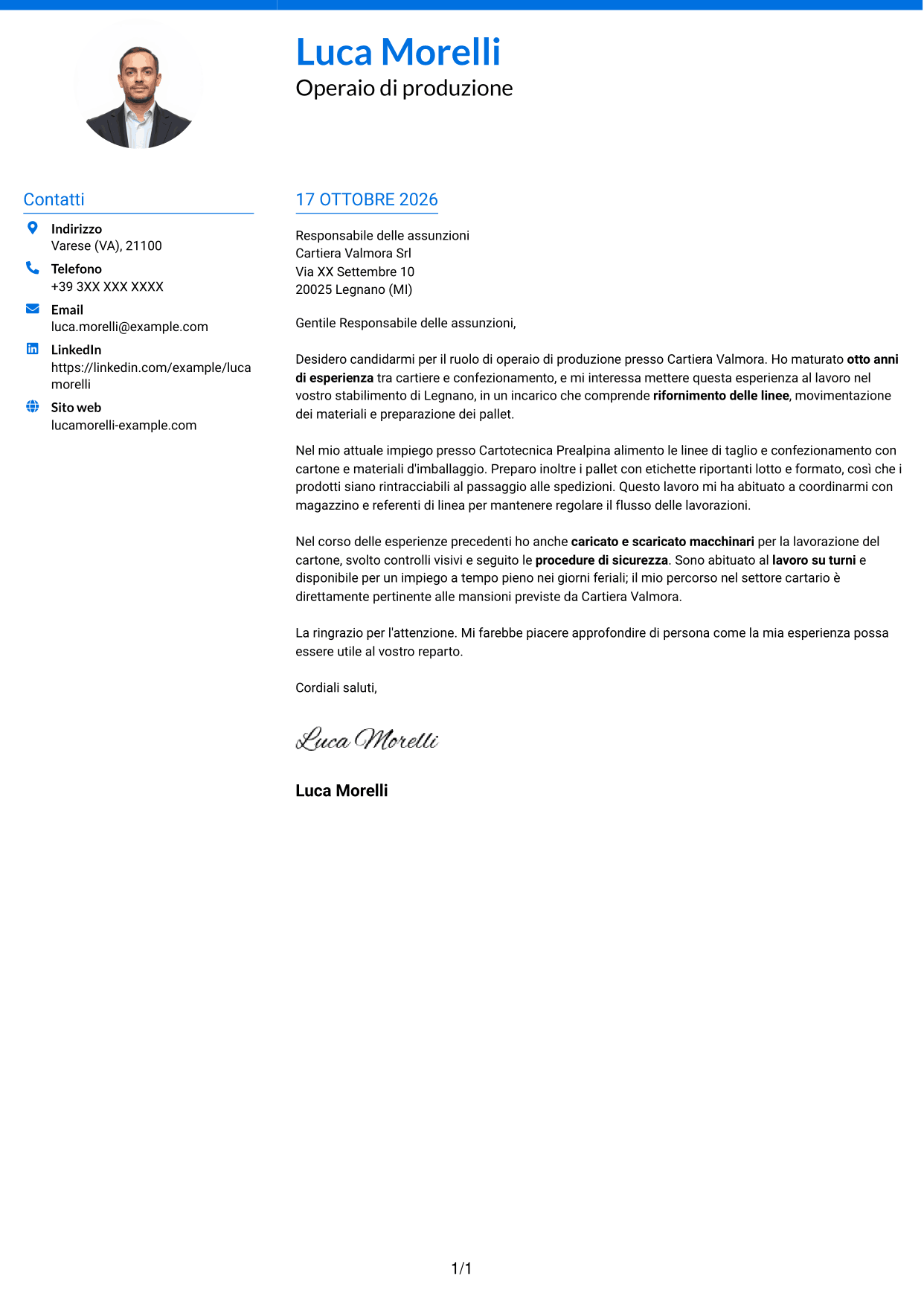 Lettera di presentazione Audace (formato a due colonne con accenti colorati e foto): Operaio di produzione - Industria cartaria, pagina 1