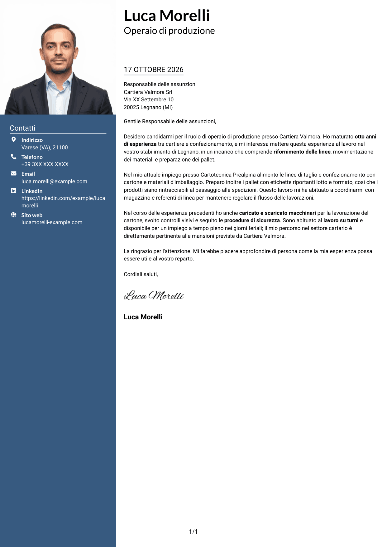 Lettera di presentazione Signature (formato con colonna laterale colorata e foto grande): Operaio di produzione - Industria cartaria, pagina 1