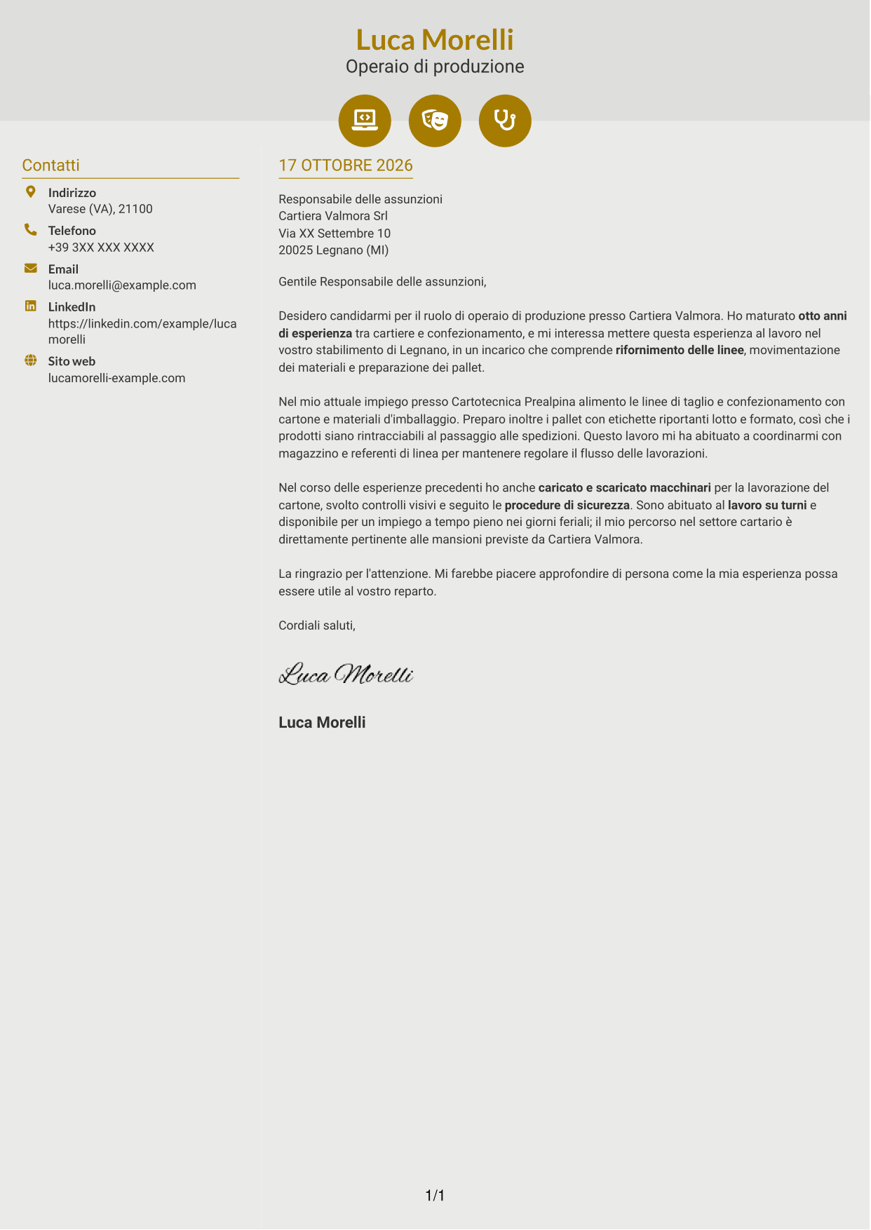 Lettera di presentazione Dinamico (formato a due colonne con icone): Operaio di produzione - Industria cartaria, pagina 1
