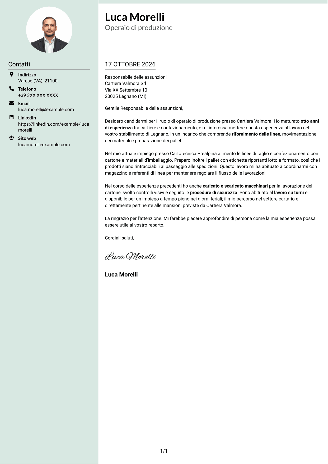 Lettera di presentazione Dirigente (formato con colonna laterale tenue e foto arrotondata): Operaio di produzione - Industria cartaria, pagina 1
