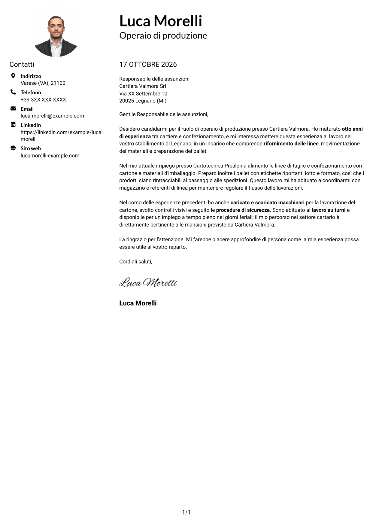 Esempio di lettera di presentazione — pagina 1