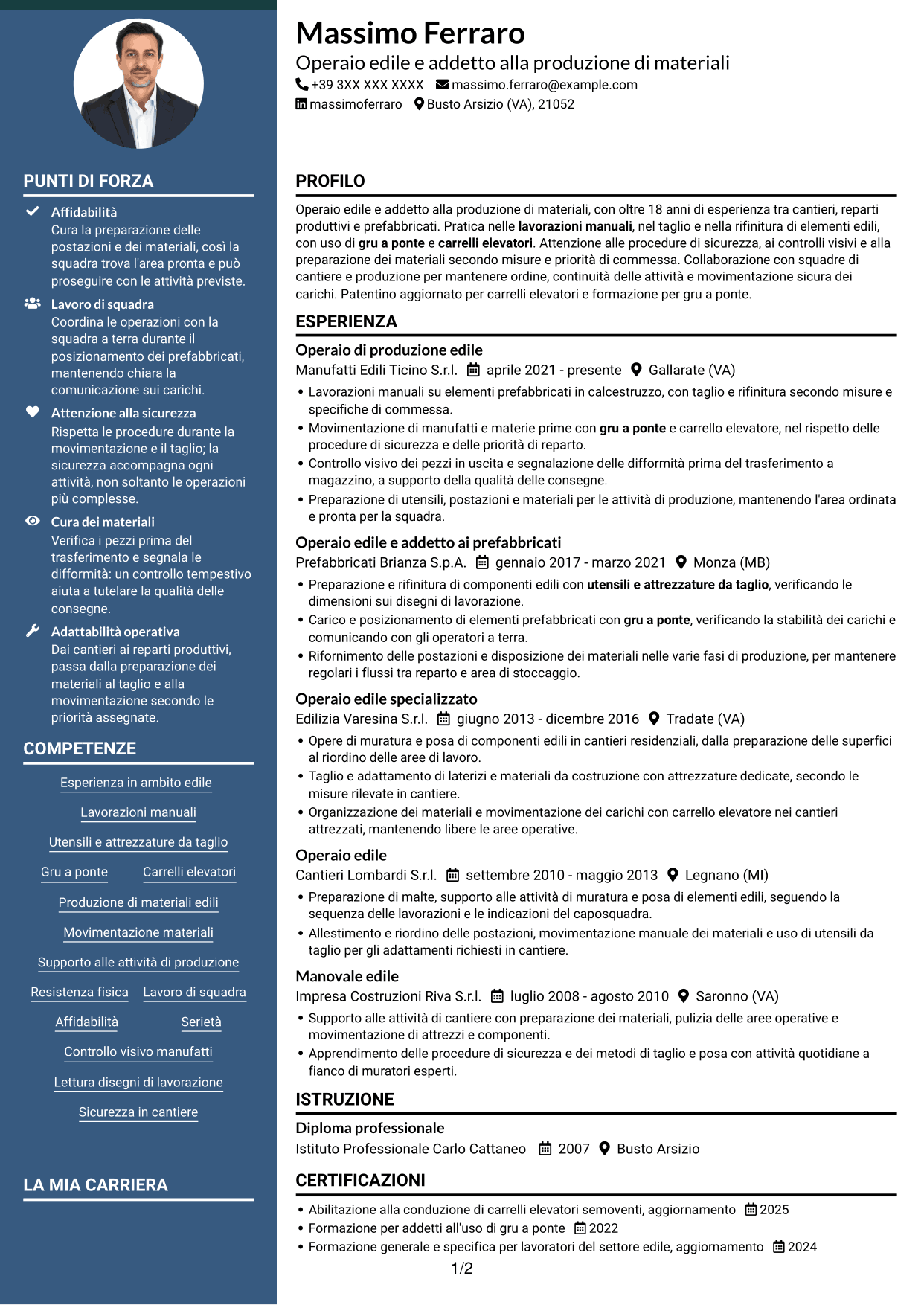CV Elegante (formato con colonna laterale colorata e foto): Operaio edile - Produzione di materiali edili, pagina 1