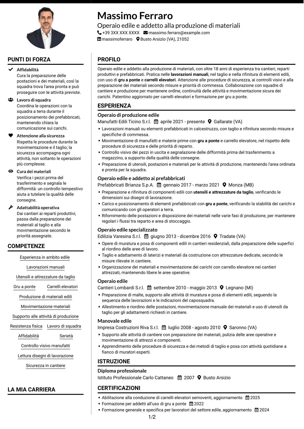 CV Moderno (formato a due colonne con foto a sinistra e separatore): Operaio edile - Produzione di materiali edili, pagina 1