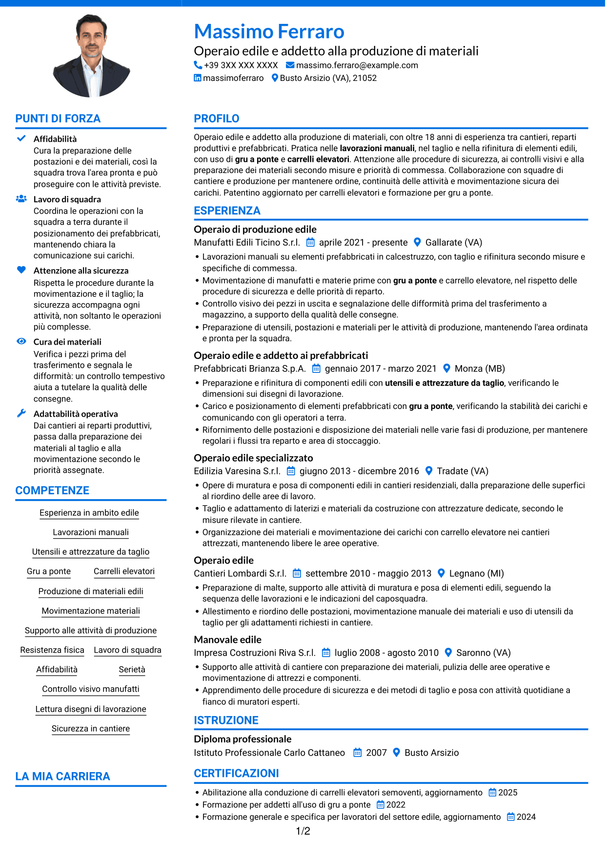 CV Audace (formato a due colonne con accenti colorati e foto): Operaio edile - Produzione di materiali edili, pagina 1