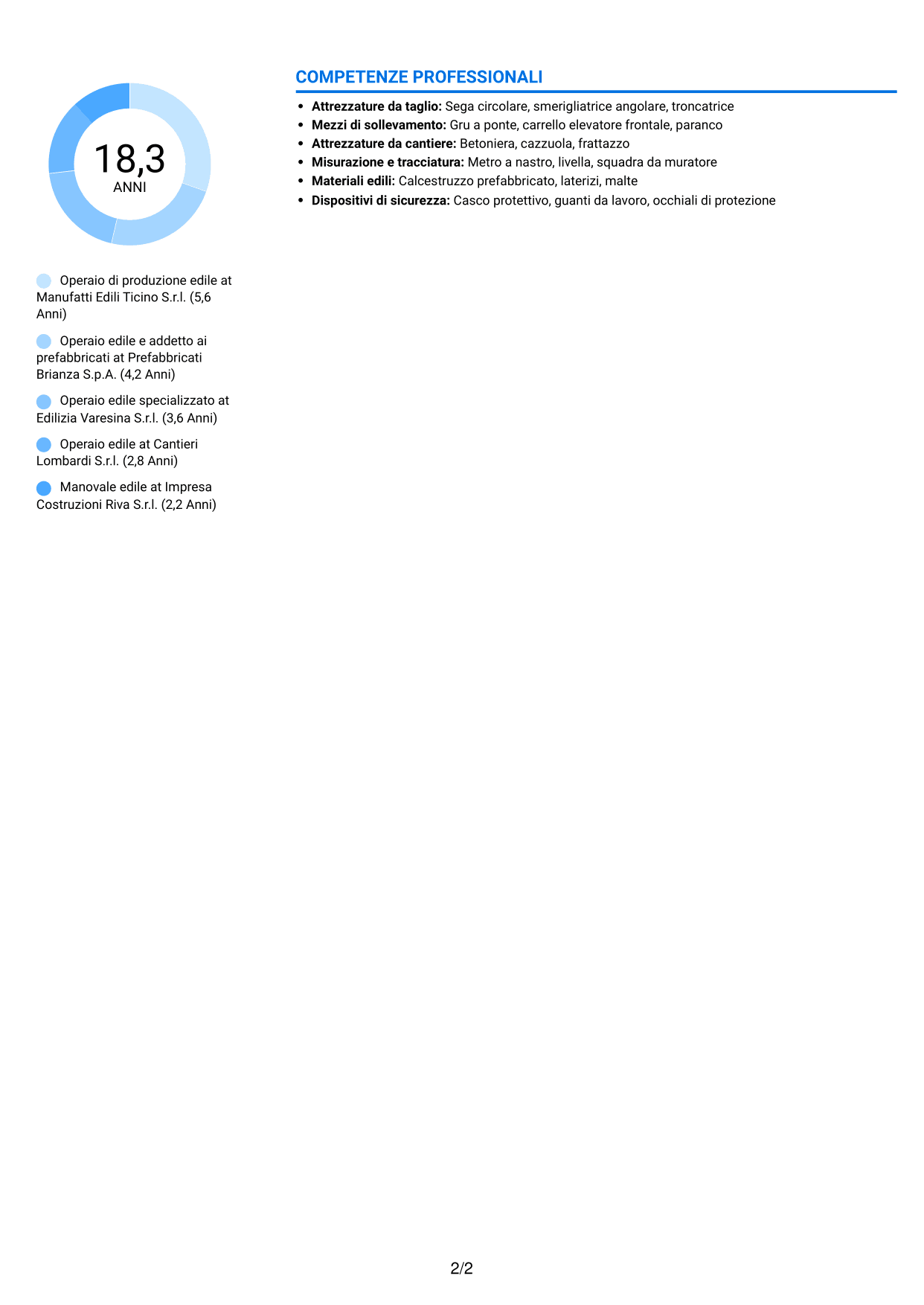 CV Audace (formato a due colonne con accenti colorati e foto): Operaio edile - Produzione di materiali edili, pagina 2